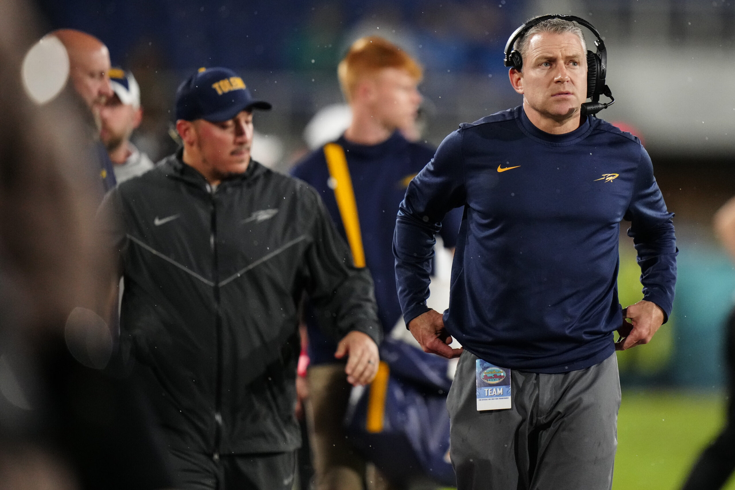 Dec 20, 2022; Boca Raton, Florida, USA; Toledo Rockets head coach Jason Candle watches from the sidelines against the Liberty Flames during the first quarter in the 2022 Boca Raton Bowl at FAU Stadium.