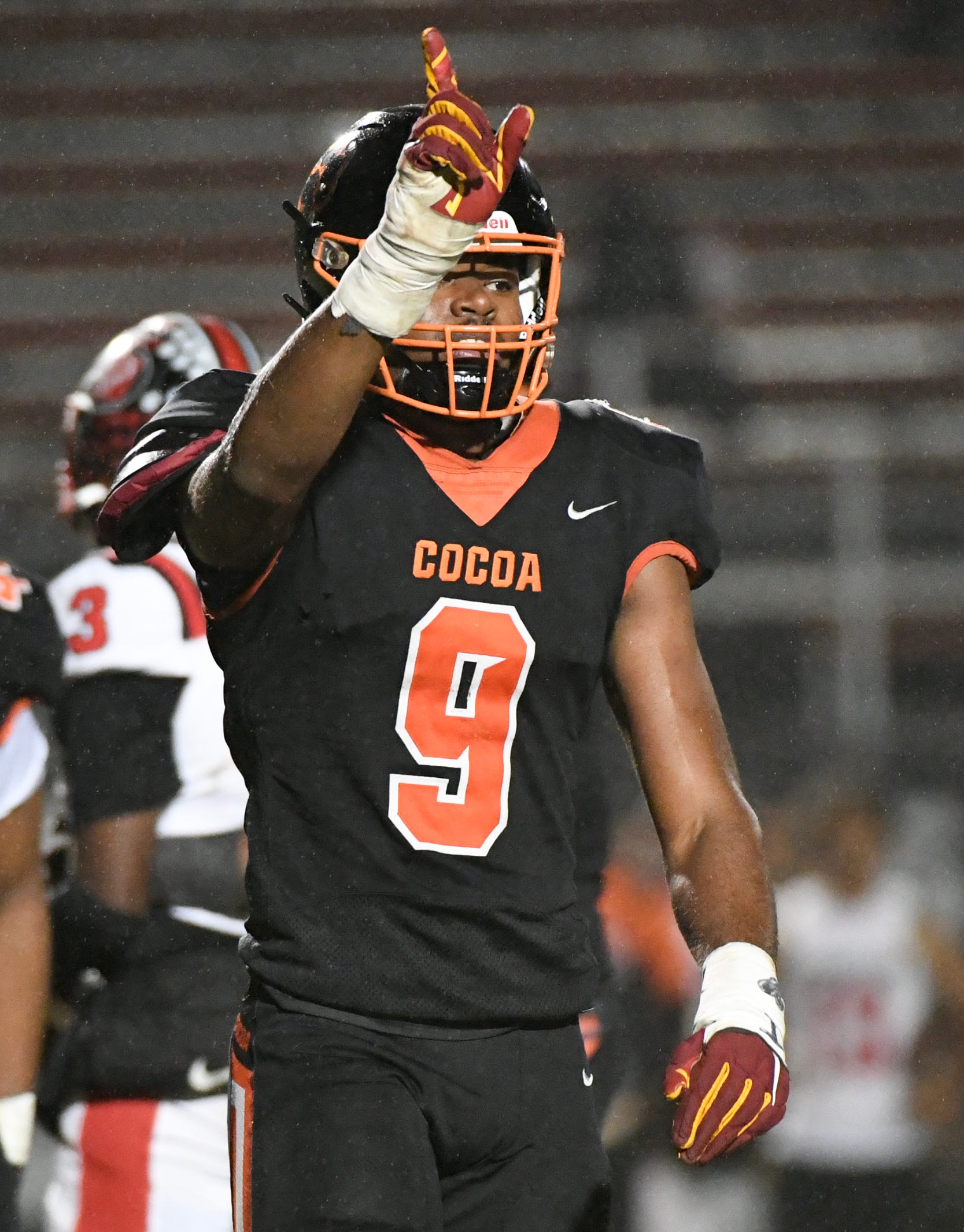 Javion Hilson of Cocoa reacts to a defensive play against Dunnellon in the FHSAA football playoffs Friday, November 17, 2023.
