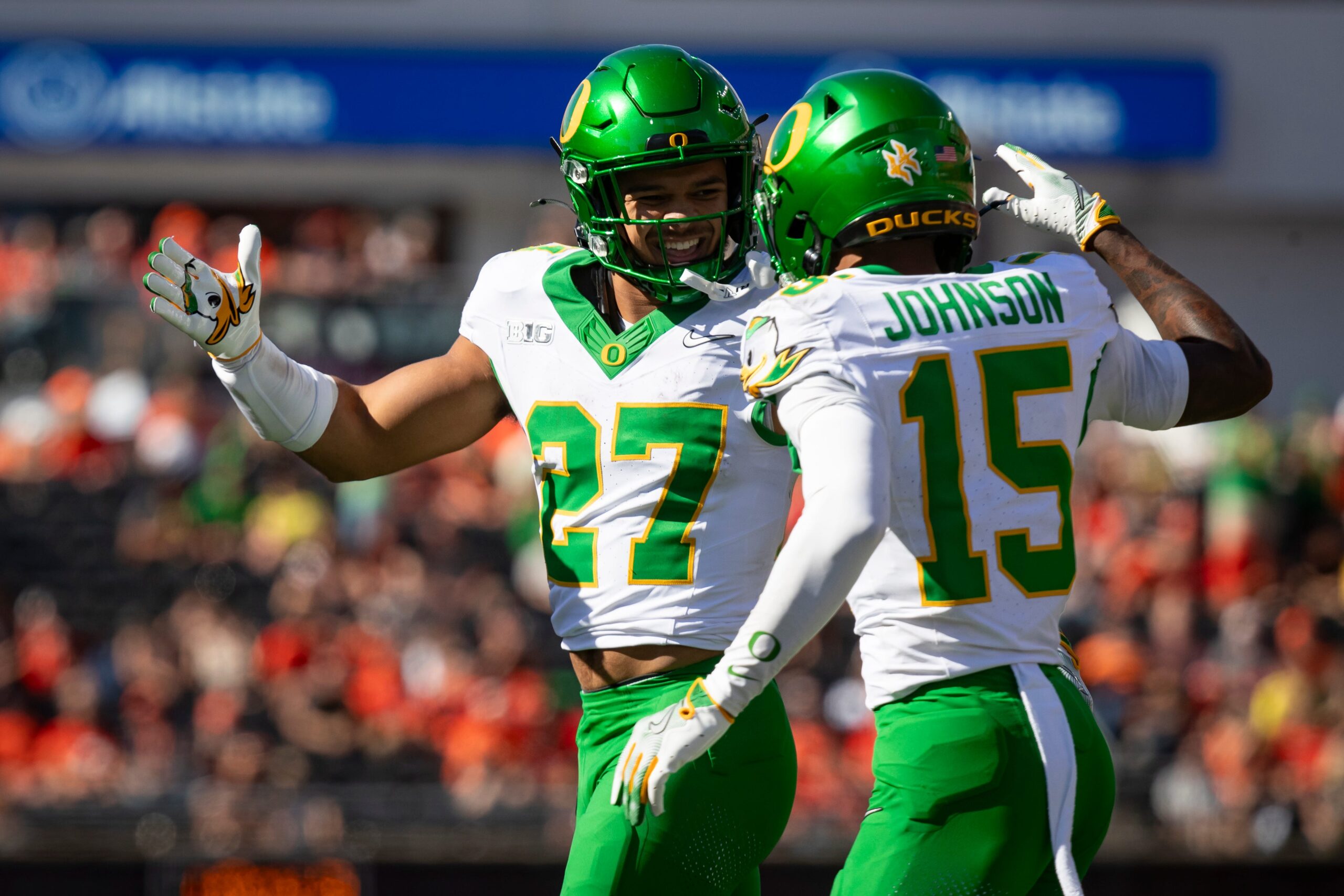 Oregon running back Jayden Limar celebrates a touchdown with Oregon wide receiver Tez Johnson as the Oregon State Beavers host the Oregon Ducks Saturday, Sept. 14, 2024 at Reser Stadium in Corvallis, Ore.