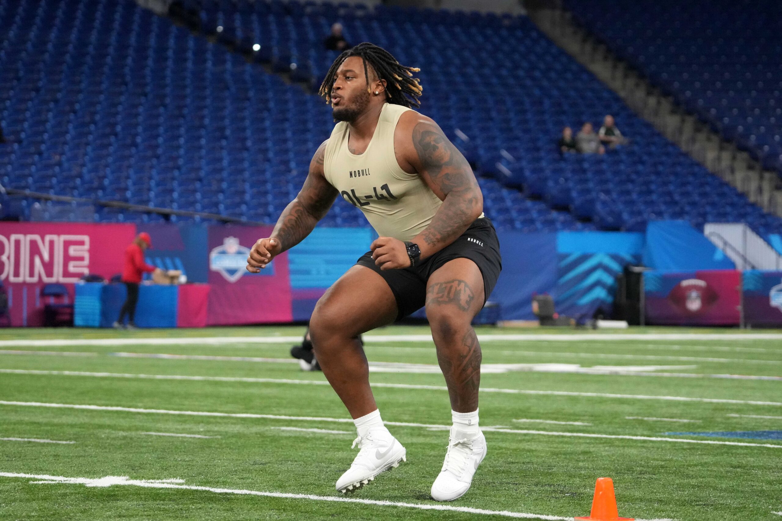Mar 3, 2024; Indianapolis, IN, USA; Alabama offensive lineman JC Latham (OL41)during the 2024 NFL Scouting Combine at Lucas Oil Stadium.
