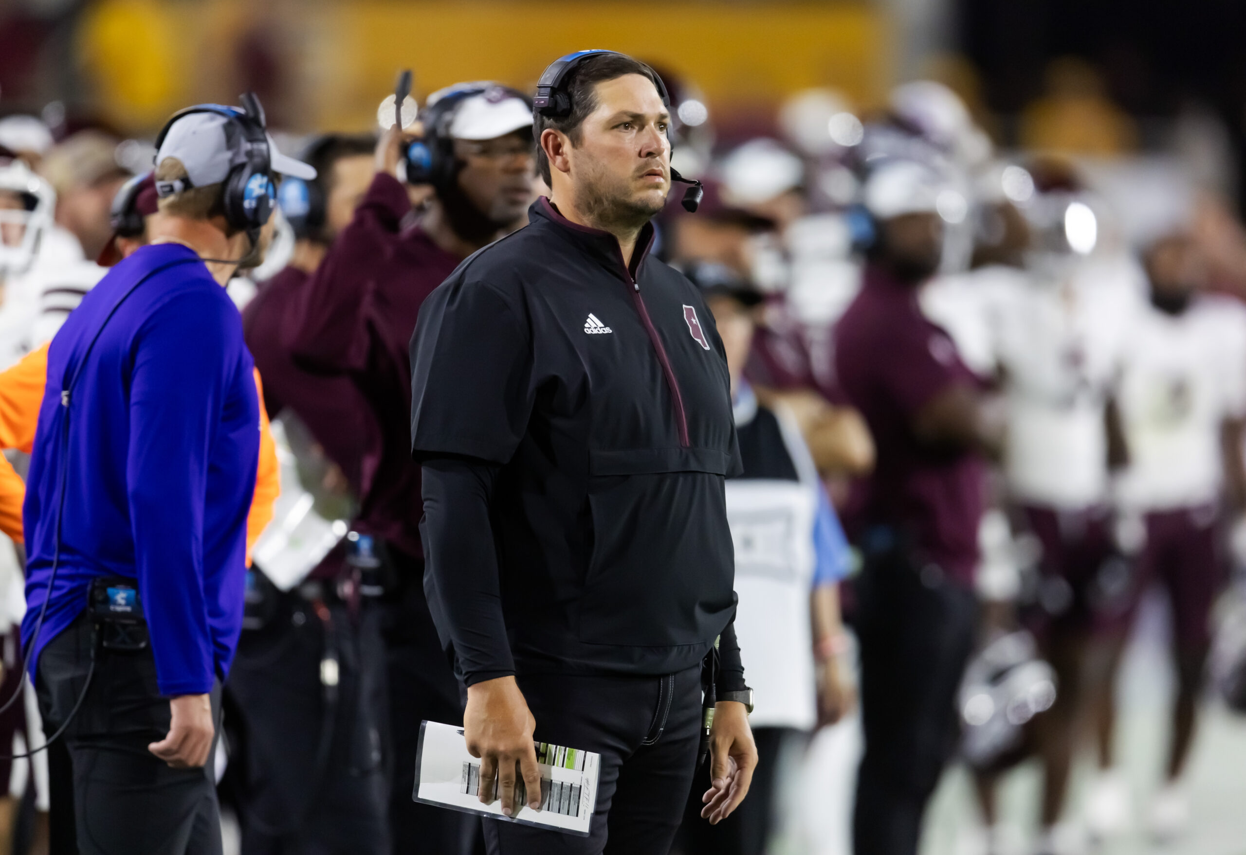 Oklahoma offensive coordinator Jeff Lebby is pictured before a college football game between the University of Oklahoma Sooners (OU) and the TCU Horned Frogs at Gaylord Family-Oklahoma Memorial Stadium in Norman, Okla., Friday, Nov. 24, 2023. Oklahoma won 69-45.