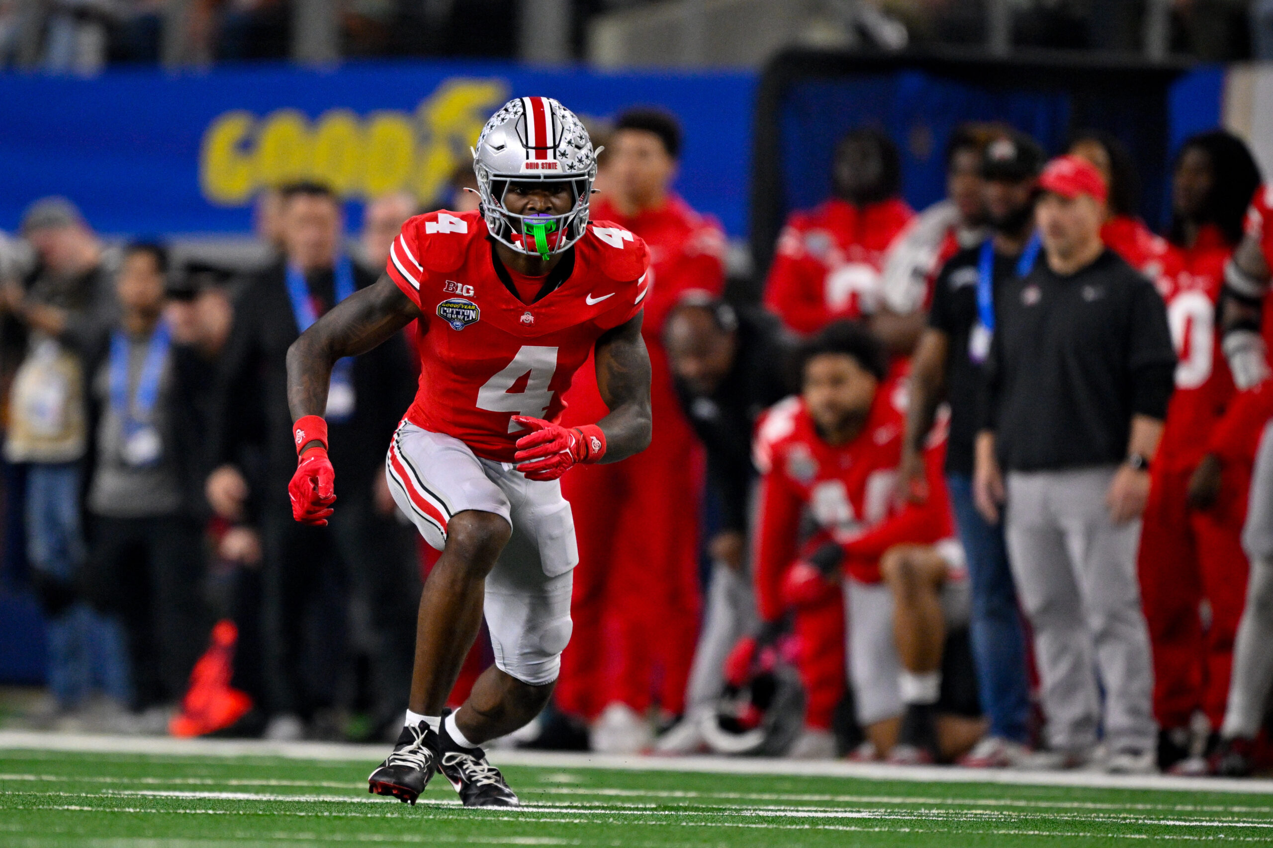 Jan 10, 2025; Arlington, TX, USA; Ohio State Buckeyes wide receiver Jeremiah Smith (4) in action during the game between the Texas Longhorns and the Ohio State Buckeyes at AT&T Stadium.