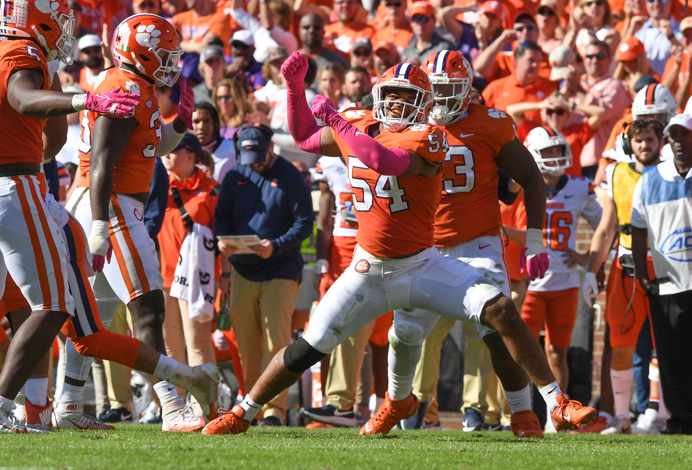 Oct 22, 2022; Clemson, SC, USA; Clemson linebacker Jeremiah Trotter Jr. (54) celebrates tackling Syracuse quarterback Garrett Shrader (6) during the fourth quarter at Memorial Stadium in Clemson, South Carolina on Saturday, October 22, 2022.