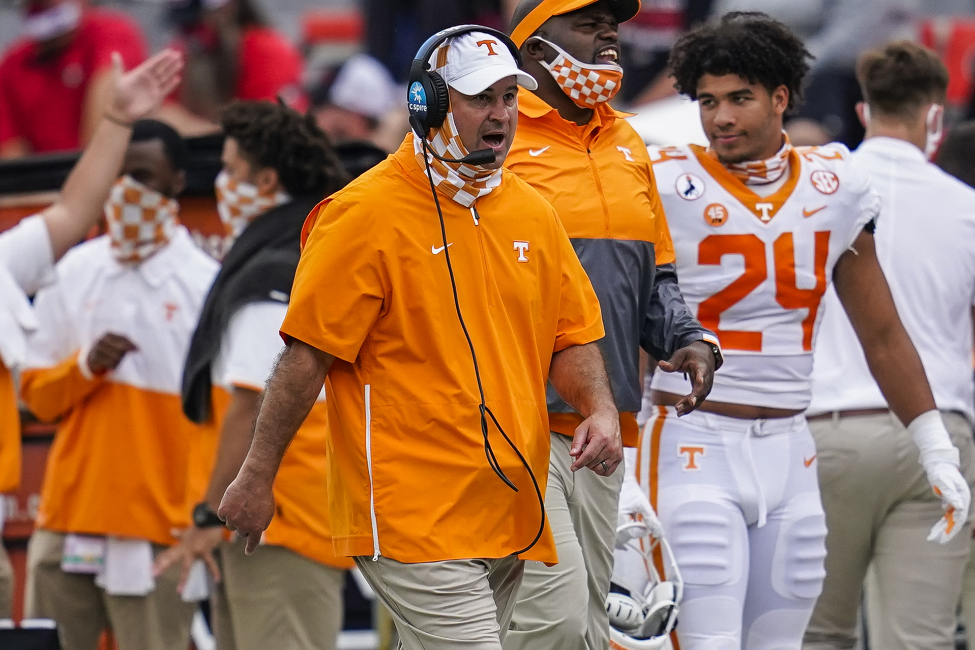Oct 10, 2020; Athens, Georgia, USA; Tennessee Volunteers head coach Jeremy Pruitt reacts on the sideline against the Georgia Bulldogs during the first half at Sanford Stadium.