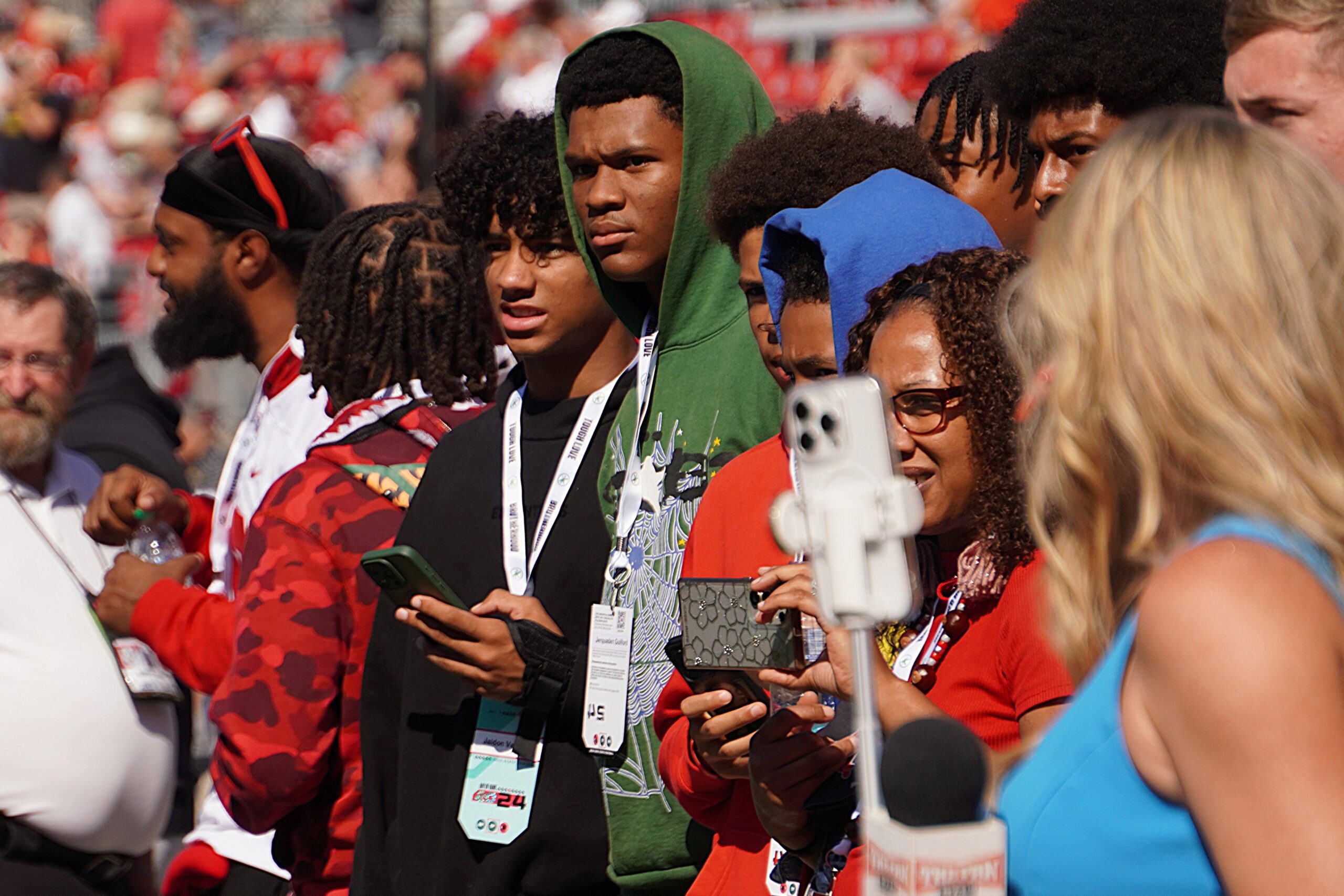 Oct 5, 2024; Columbus, OH, USA; Class of 2026 Fort Wayne, Indiana wide receivers Jaidon VanPelt and Jerquaden Guilford visit the field ahead of Ohio State's 35-7 win over the Iowa Hawkeyes after the NCAA football game at Ohio Stadium.