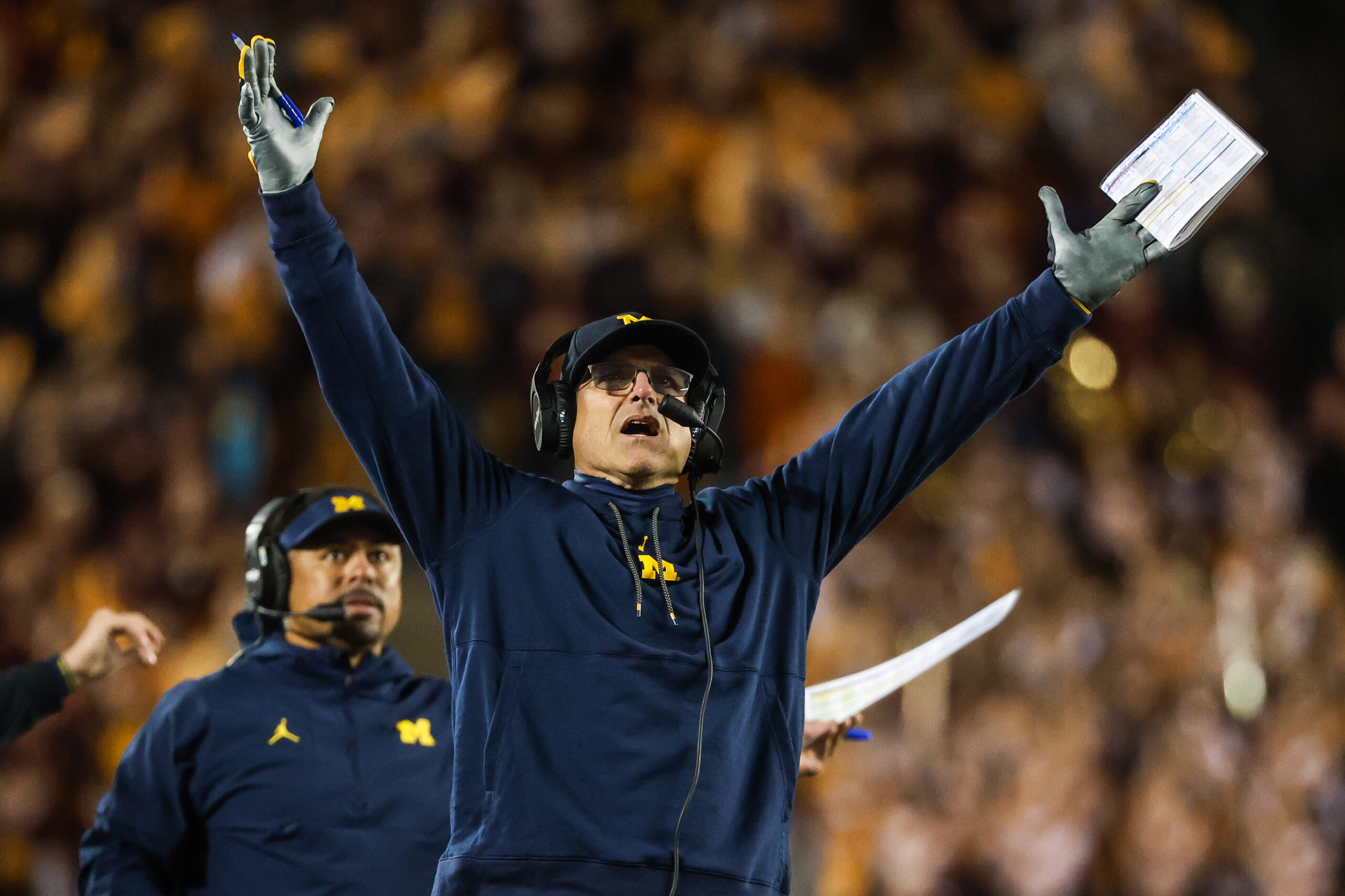 Oct 7, 2023; Minneapolis, Minnesota, USA; Michigan Wolverines head coach Jim Harbaugh reacts during the second quarter against the Minnesota Golden Gophers at Huntington Bank Stadium.