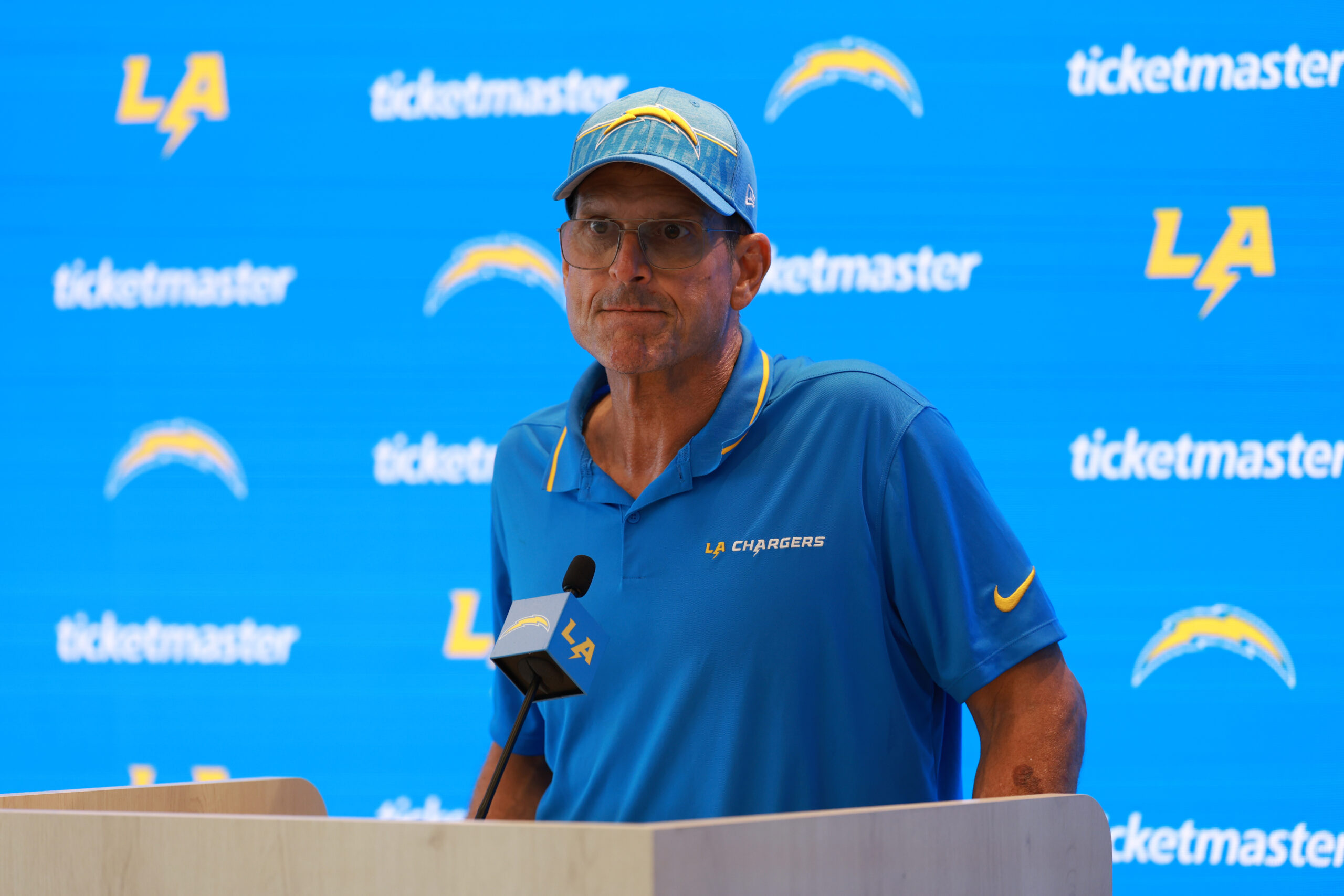 Apr 2, 2024; Costa Mesa, CA, USA; Los Angeles Chargers coach Jim Harbaugh speaks at press conference at Hoag Performance Center.
