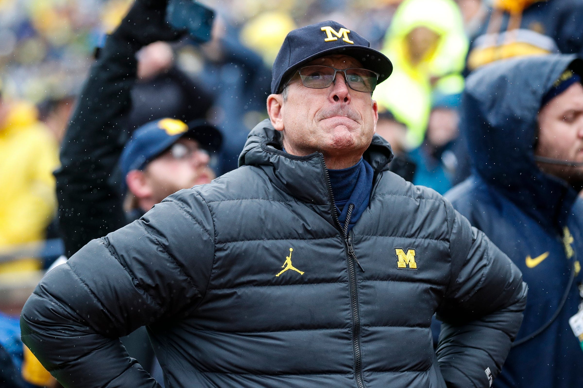 Michigan coach Jim Harbaugh looks on from the sidelines during the Wolverines' game against Indiana on Oct. 14, 2023.