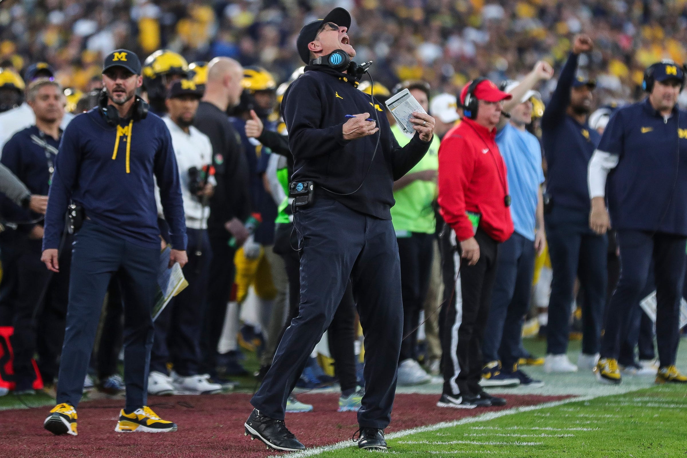 Michigan head coach Jim Harbaugh reacts to a play against Alabama during the second half of the Rose Bowl in Pasadena, Calif., on Monday, Jan. 1, 2024.