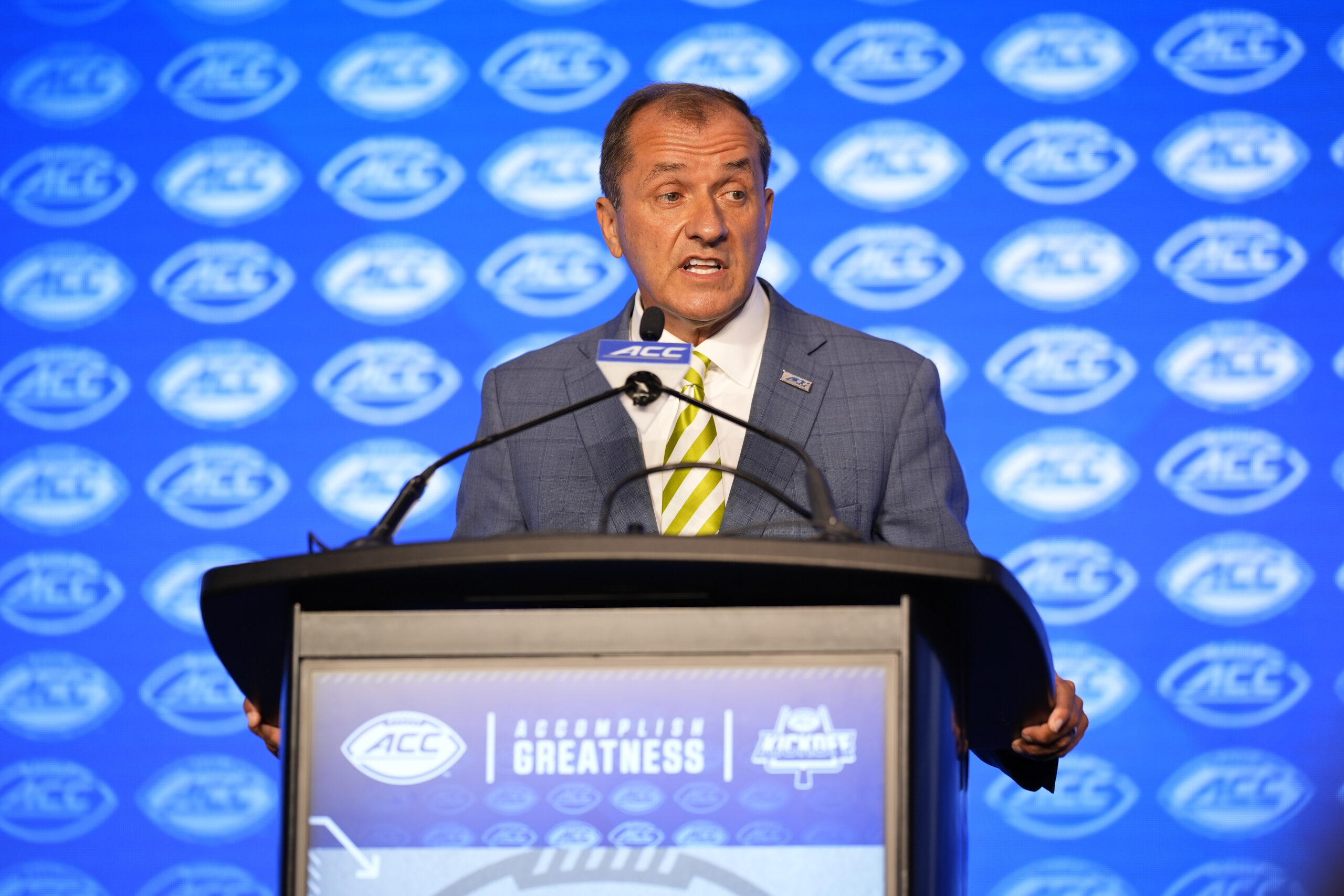 Oct 25, 2023; Charlotte, NC, USA; ACC commissioner Jim Phillips speaks to the media during the ACC Tipoff at Hilton Charlotte Uptown.