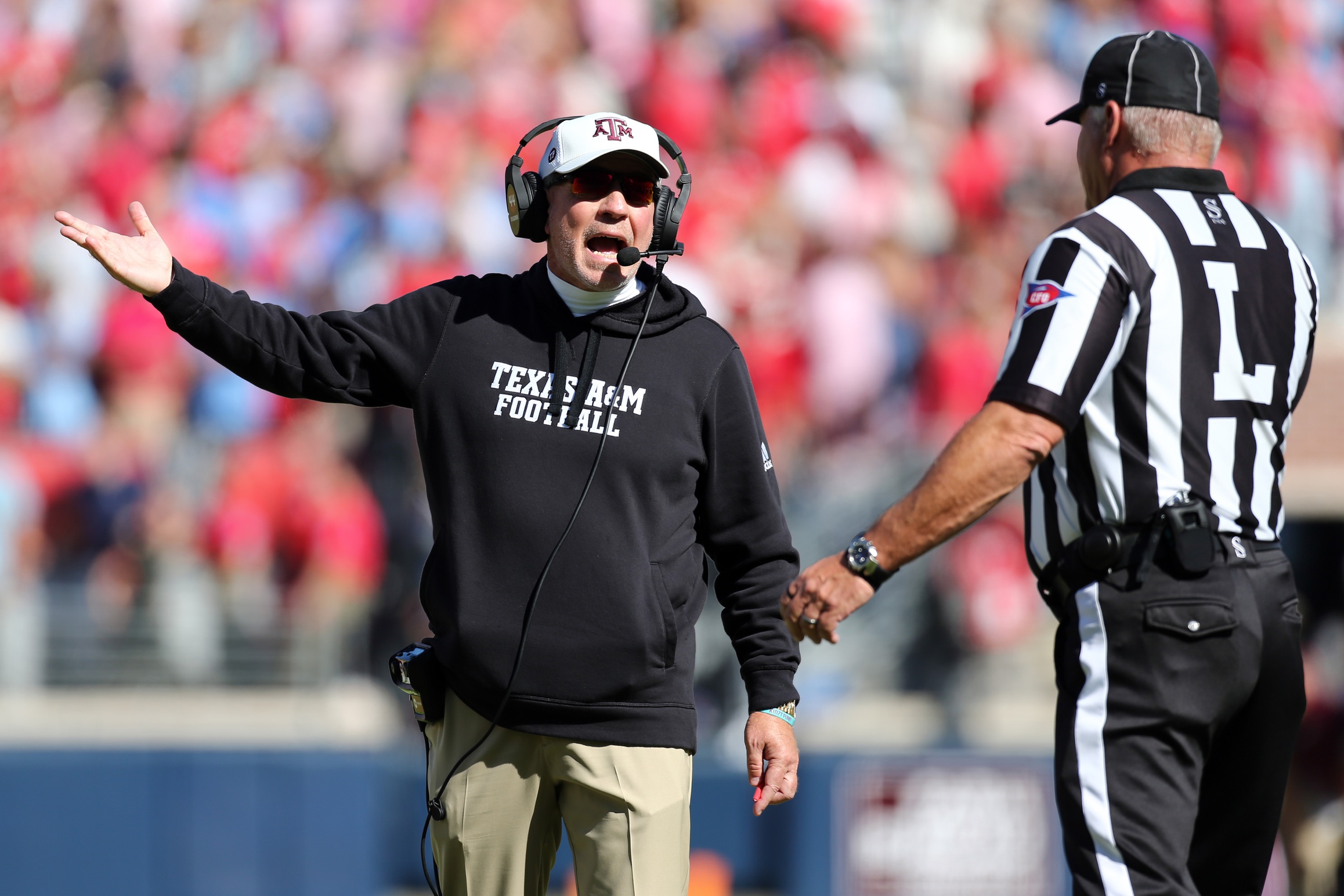 Nov 4, 2023; Oxford, Mississippi, USA; Texas A&M Aggies head coach Jimbo Fisher reacts during the first half against the Mississippi Rebels at Vaught-Hemingway Stadium.