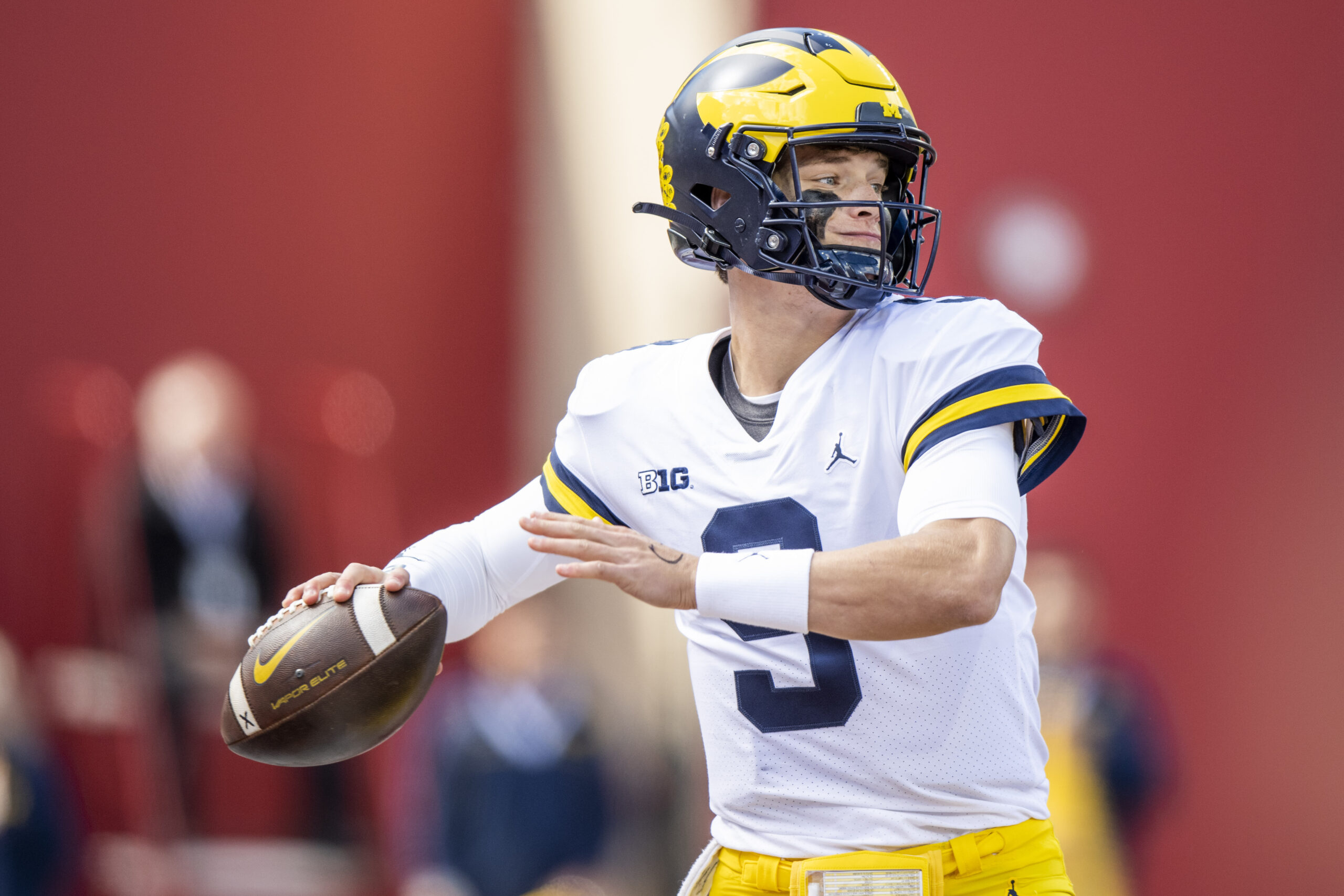 Oct 8, 2022; Bloomington, Indiana, USA; Michigan Wolverines quarterback J.J. McCarthy (9) throws a pass during the second half against the Indiana Hoosiers at Memorial Stadium. Wolverines won 31 to 10.