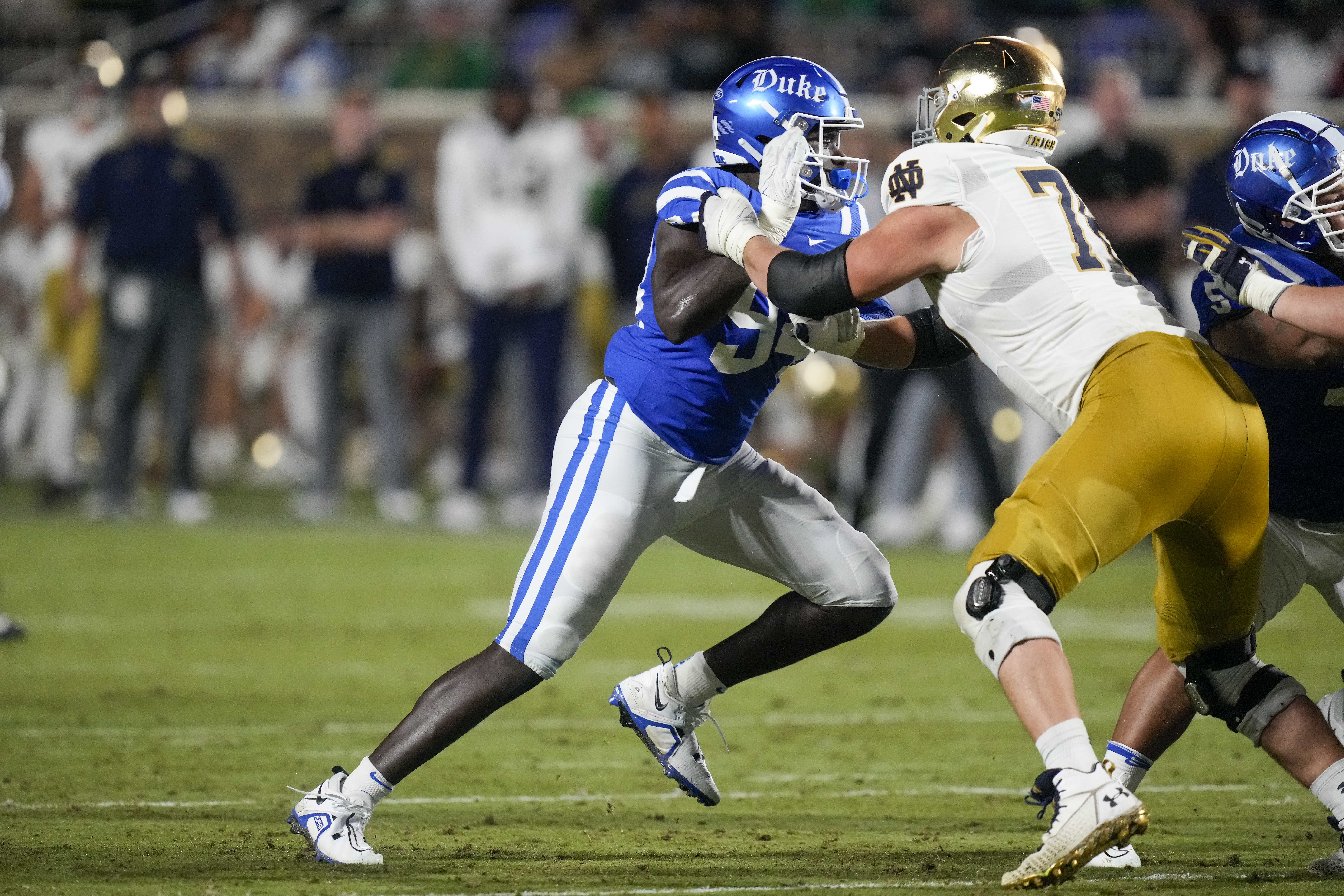 Sep 9, 2023; Raleigh, North Carolina, USA; Notre Dame Fighting Irish tackle Joe Alt (76) during the first half at Carter-Finley Stadium.