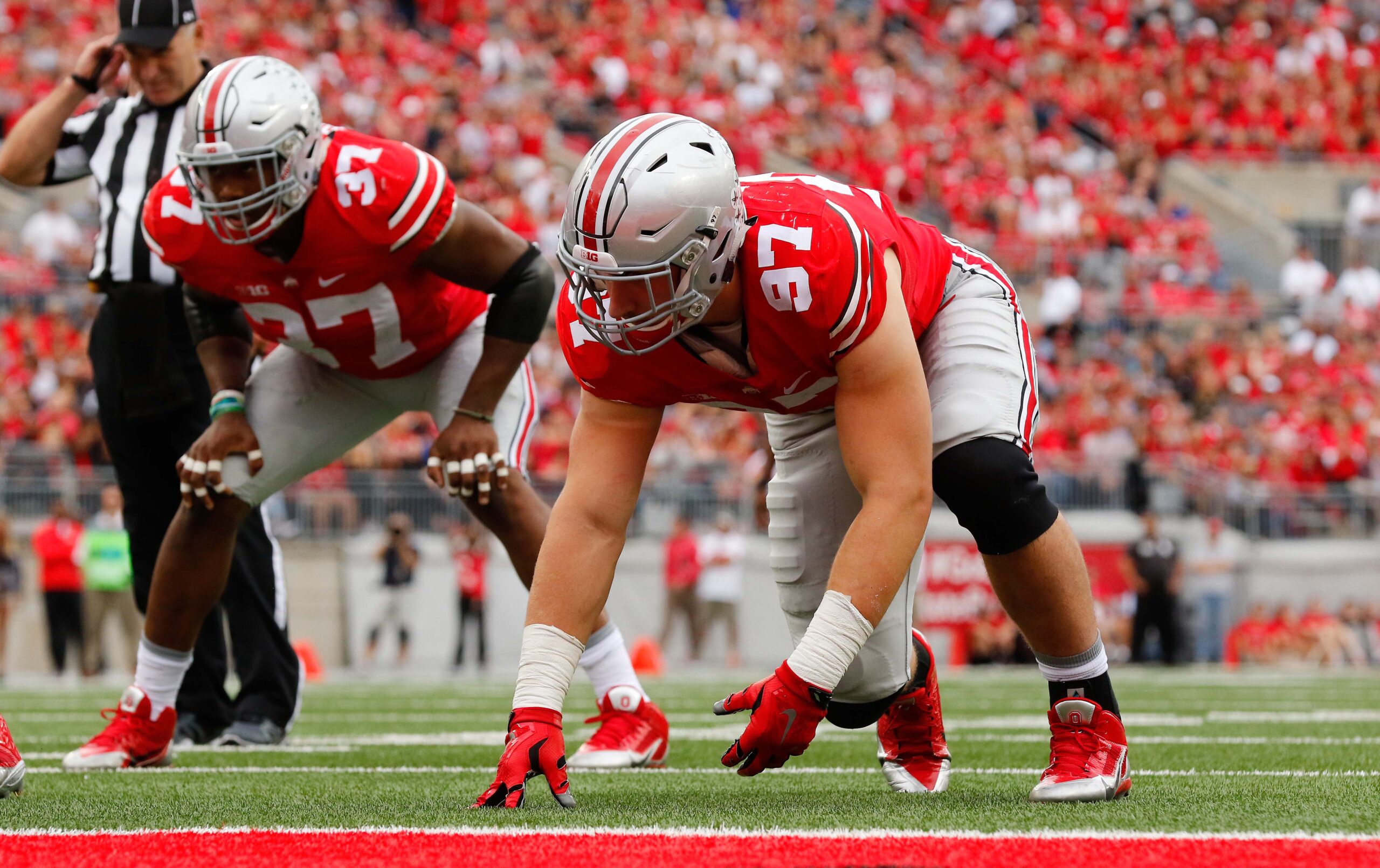 Sep 26, 2015; Columbus, OH, USA; Ohio State Buckeyes defensive lineman Joey Bosa (97) lines up versus the Western Michigan Broncos at Ohio Stadium. Ohio State won the game 38-12.