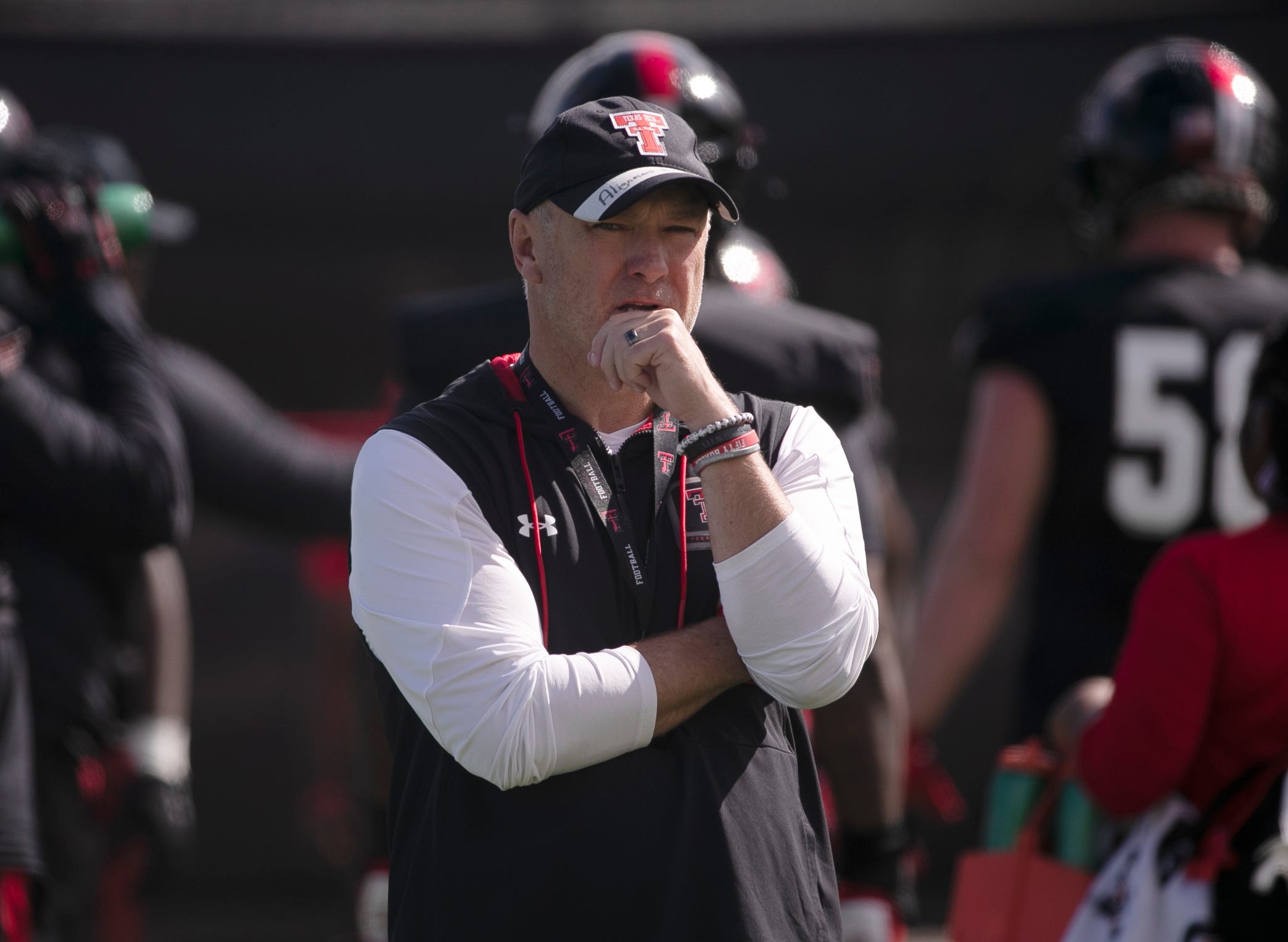 Texas Tech's head coach Joey McGuire calls for a timeout against Oklahoma in their last Big 12 home football game, Saturday, Nov. 26, 2022, Jones AT&T Stadium.