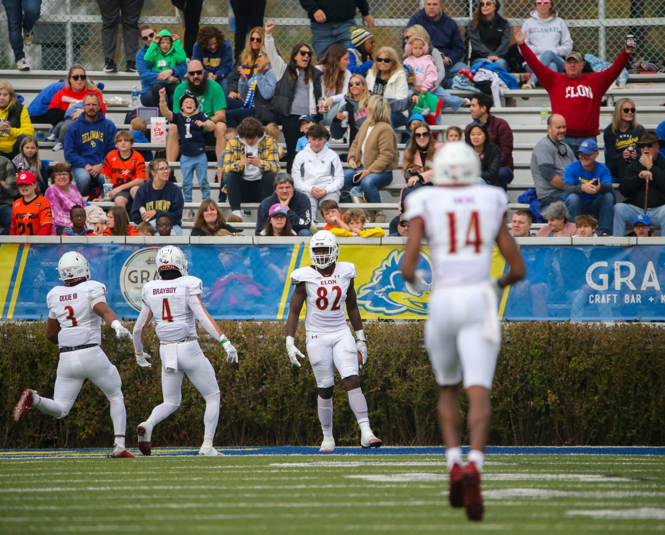 Elon tight end Johncarlos Miller II (82) pulls up in the end zone after scoring on a long pass reception in the second quarter to give the Phoenix a 20-13 lead over the Blue Hens at Delaware Stadium,