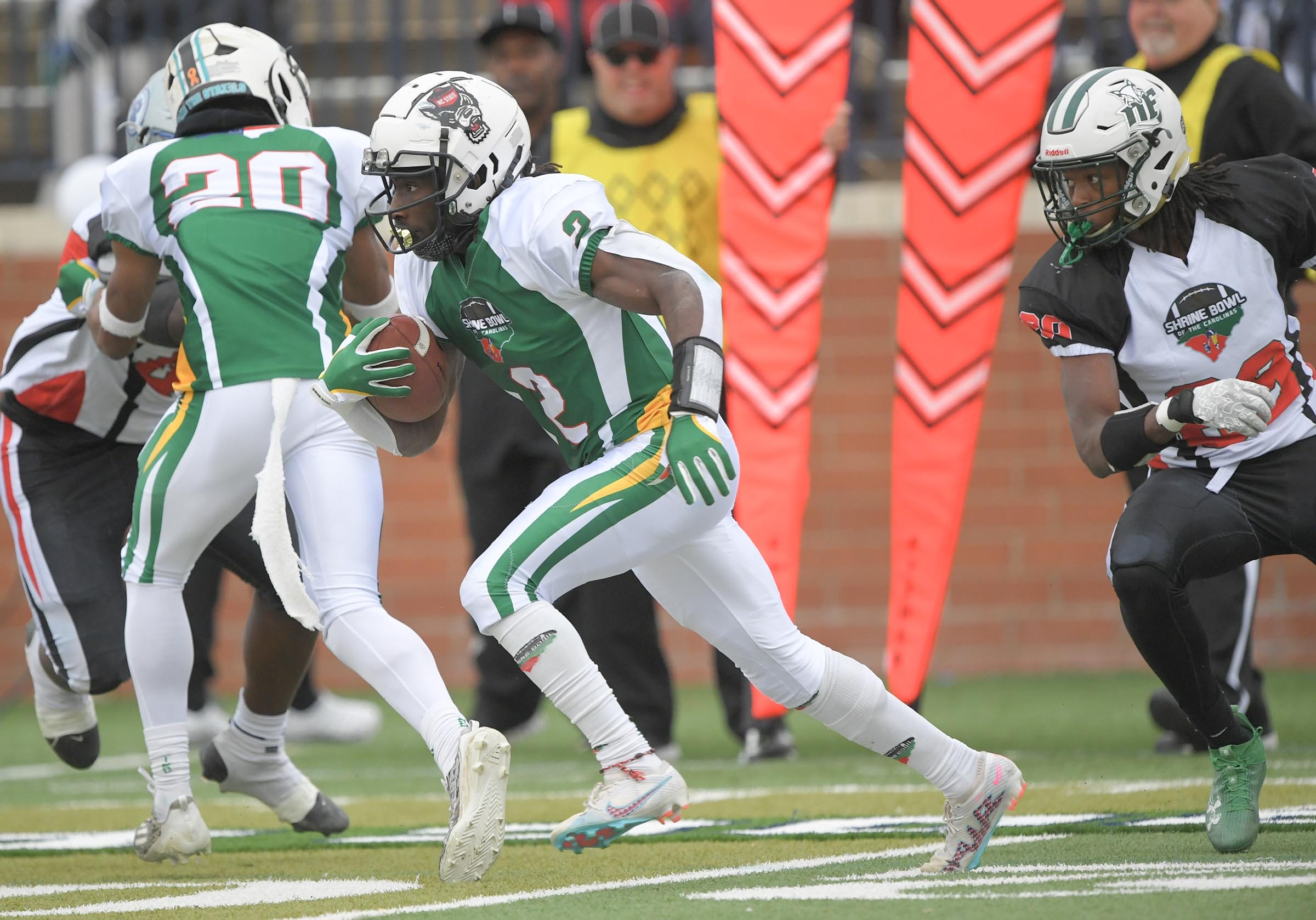 North Carolina receiver Jonathan Paylor of Hugh M. Cummings High, committed to NC State runs during the fourth quarter of the Shrine Bowl of the Carolinas football game at Viking Stadium in Spartanburg, S.C. Saturday, December 16, 2023.