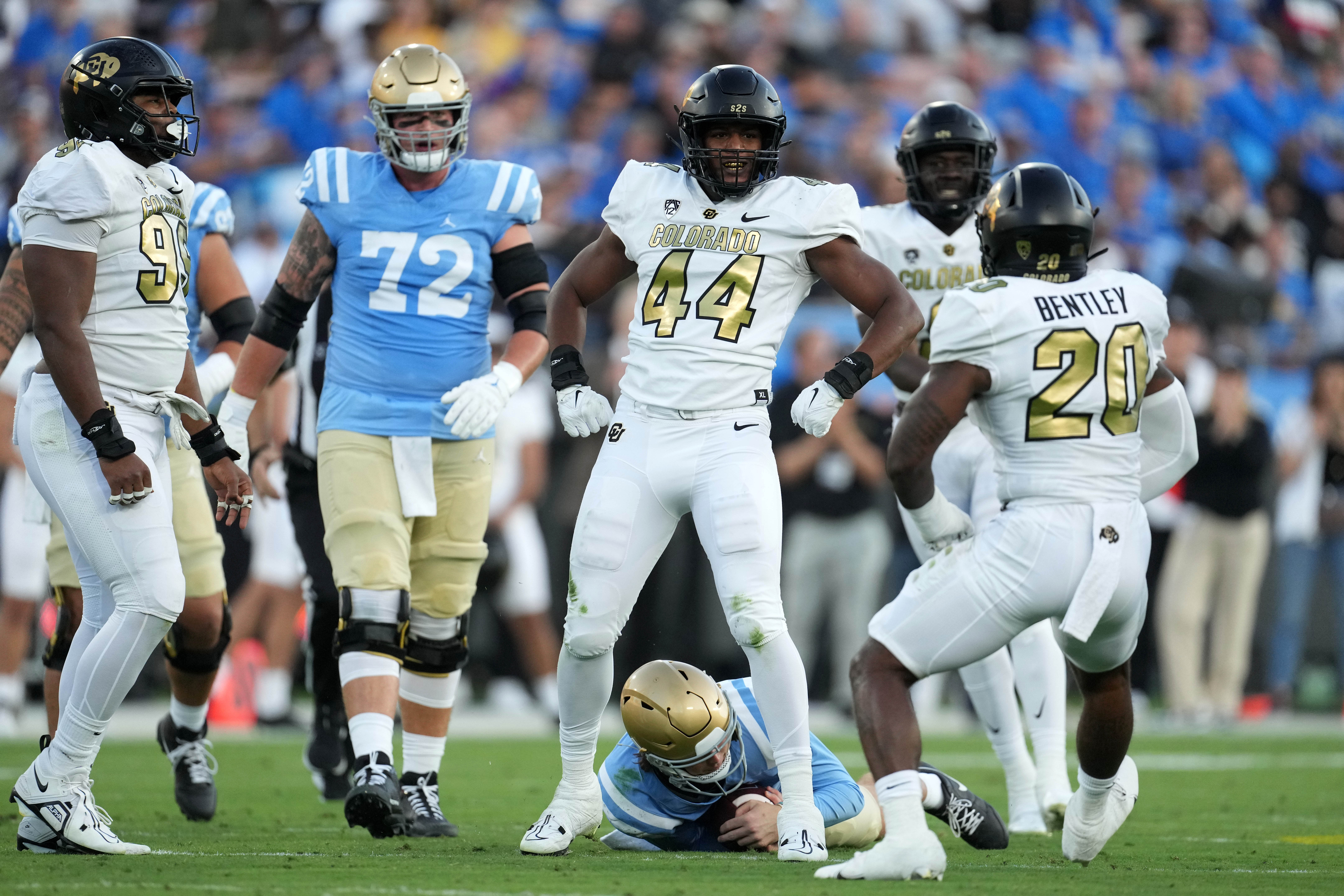 Oct 28, 2023; Pasadena, California, USA; Colorado Buffaloes linebacker Jordan Domineck (44) celebrates after sacking UCLA Bruins quarterback Ethan Garbers (4) in the first half at Rose Bowl.