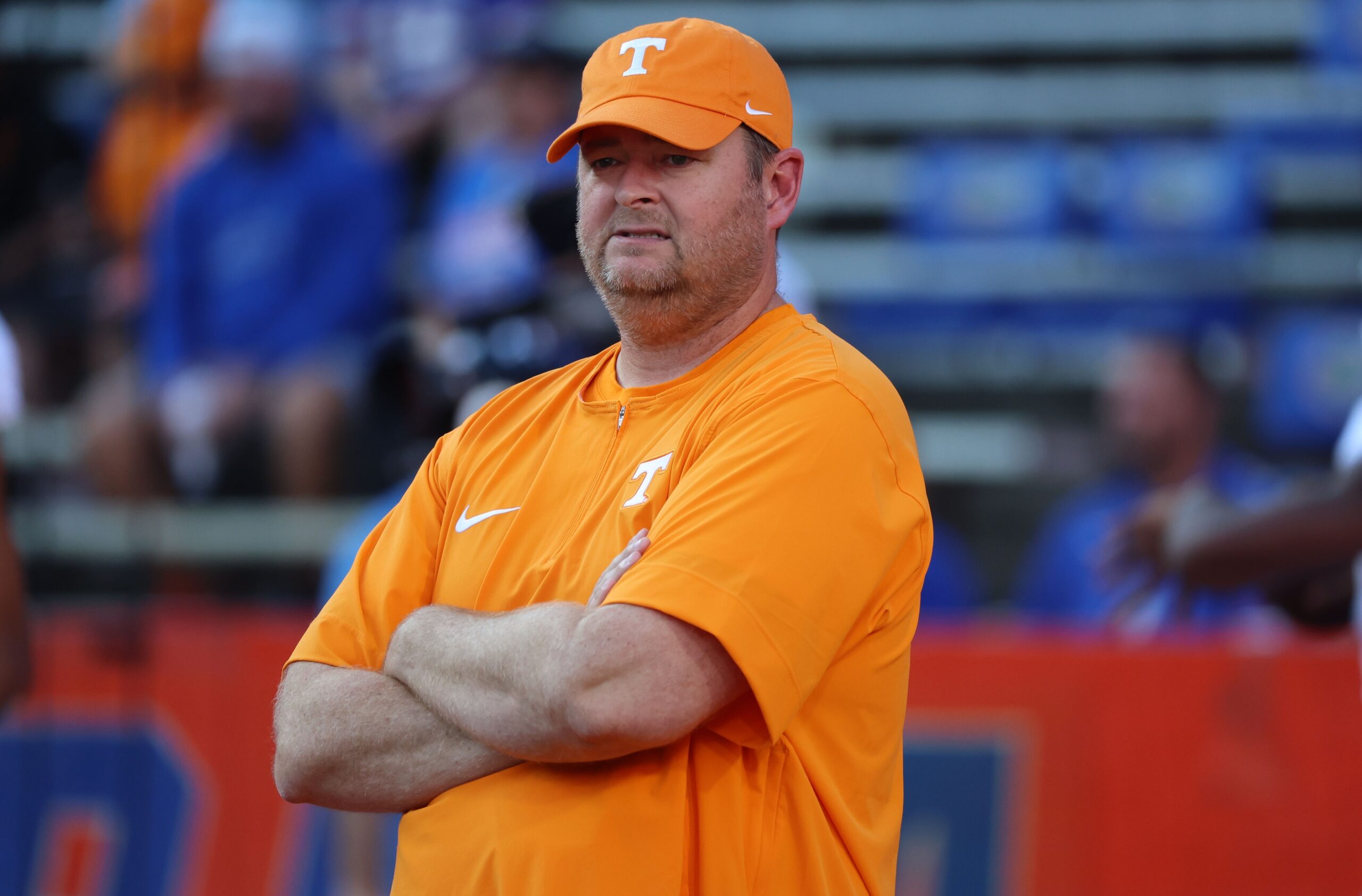 Sep 16, 2023; Gainesville, Florida, USA; Tennessee Volunteers head coach Josh Heupel against the Florida Gators prior to the game at Ben Hill Griffin Stadium.