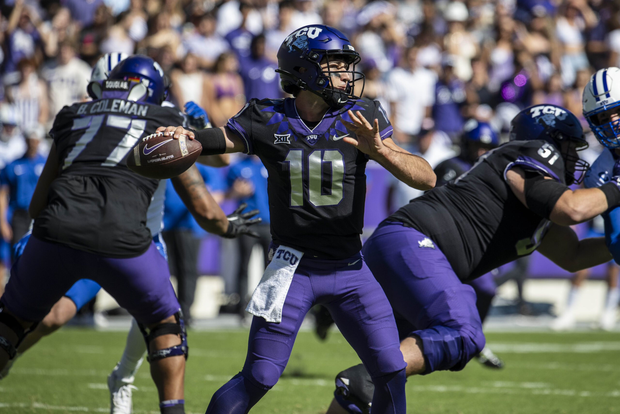 Oct 14, 2023; Fort Worth, Texas, USA; TCU Horned Frogs quarterback Josh Hoover (10) passes against the Brigham Young Cougars during the game at Amon G. Carter Stadium.