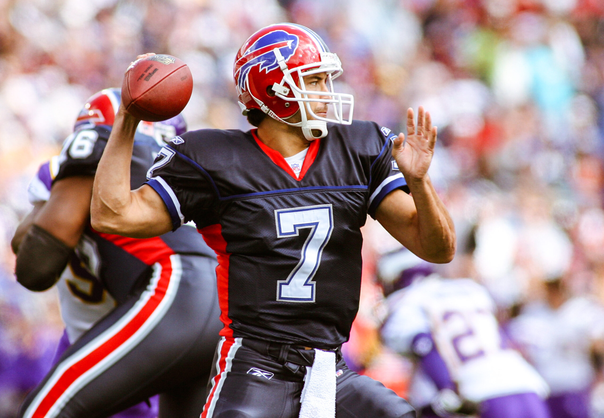 Oct 1, 2006; Orchard Park, NY, USA: FILE PHOTO; Buffalo Bills quarterback JP Losman (7) looks to throw the ball against the Minnesota Vikings at Ralph Wilson Stadium.