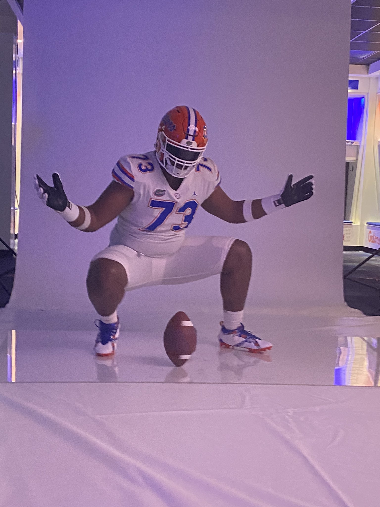 Four-star 2025 Offensive Tackle Juan Gaston from Atlanta, GA (Westlake) takes a picture on a visit to Florida