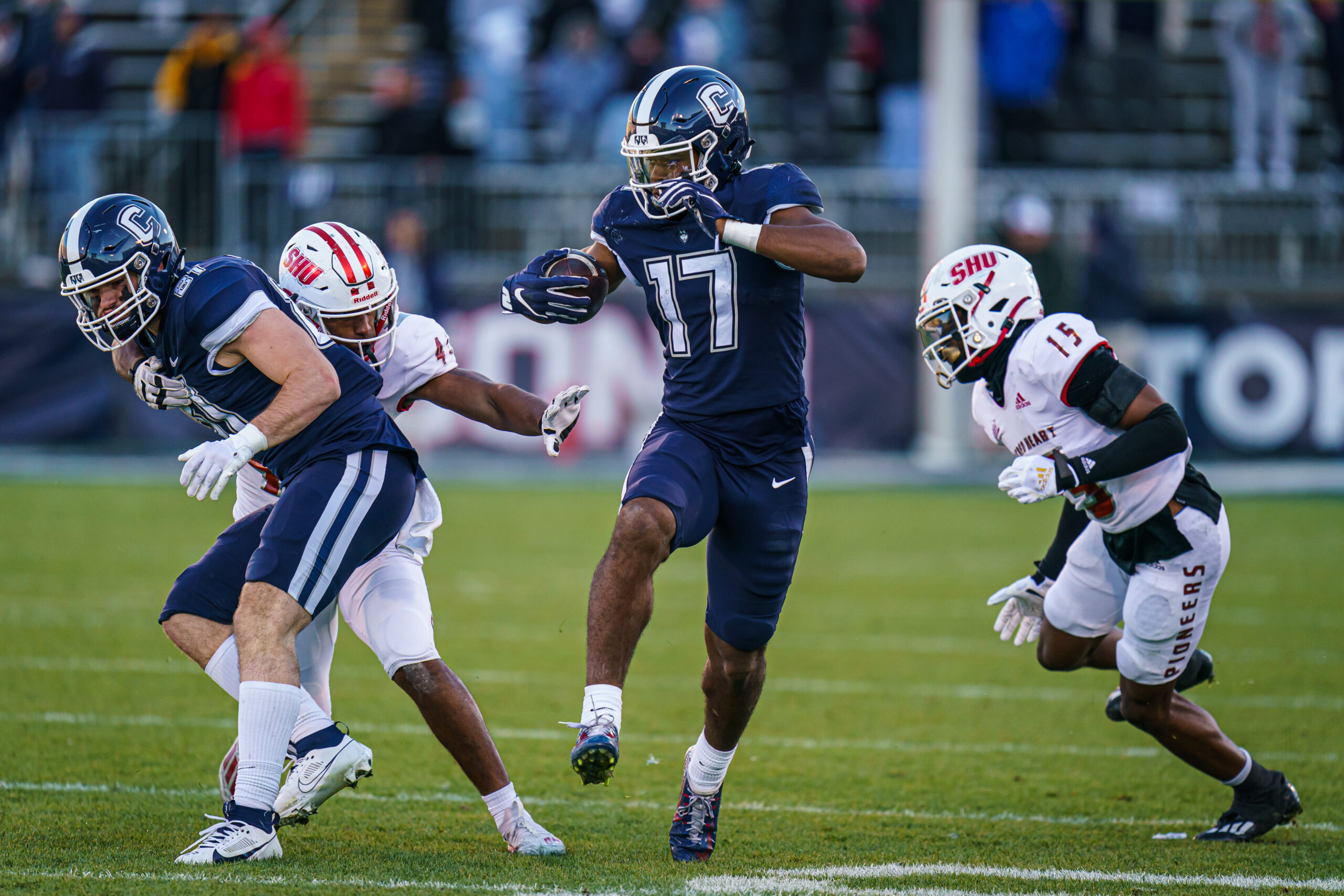 Nov 18, 2023; East Hartford, Connecticut, USA; UConn Huskies tight end Justin Joly (17) runs the ball against the Sacred Heart Pioneers in the second half at Rentschler Field at Pratt & Whitney Stadium.
