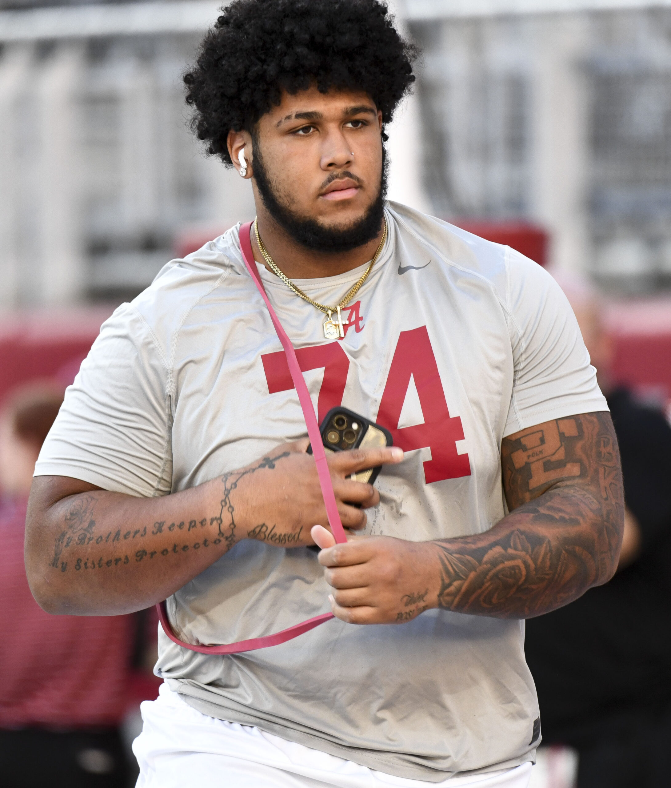 Nov 4, 2023; Tuscaloosa, Alabama, USA; Alabama Crimson Tide offensive lineman Kadyn Proctor (74) comes out to loosen up before a game against the LSU Tigers at Bryant-Denny Stadium.