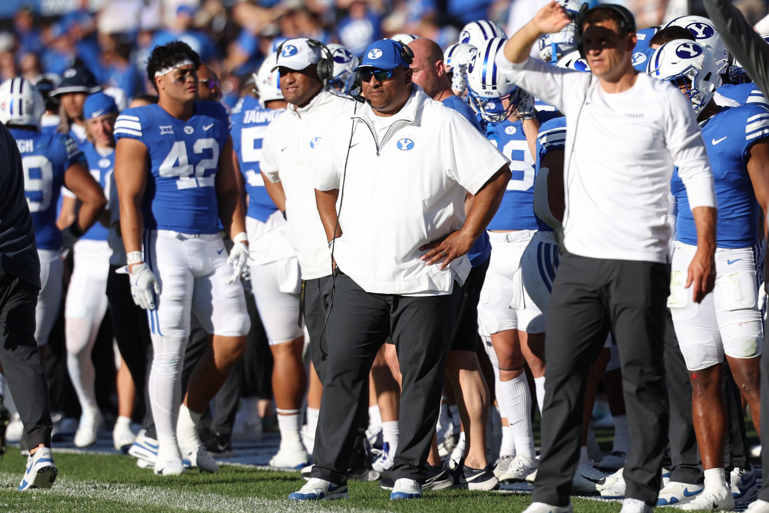Oct 12, 2024; Provo, Utah, USA; Brigham Young Cougars head coach Kalani Sitake looks on during the fourth quarter of the game against the Arizona Wildcats at LaVell Edwards Stadium