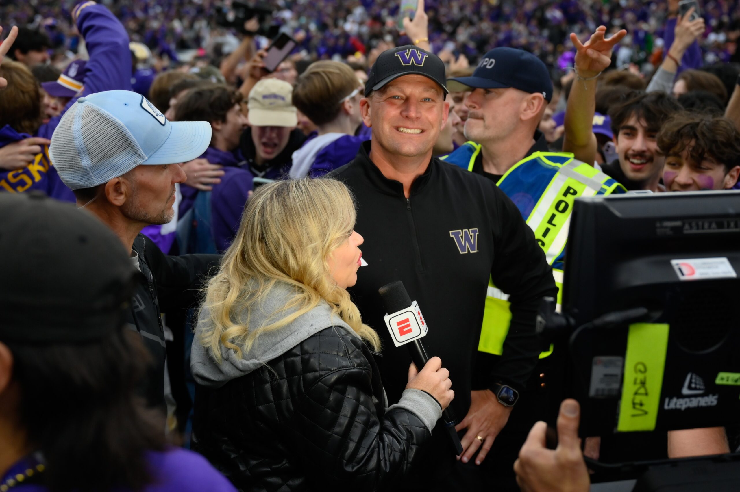 Oct 14, 2023; Seattle, Washington, USA; Washington Huskies head coach Kalen Deboer is interviewed after defeating the Oregon Ducks at Alaska Airlines Field at Husky Stadium.