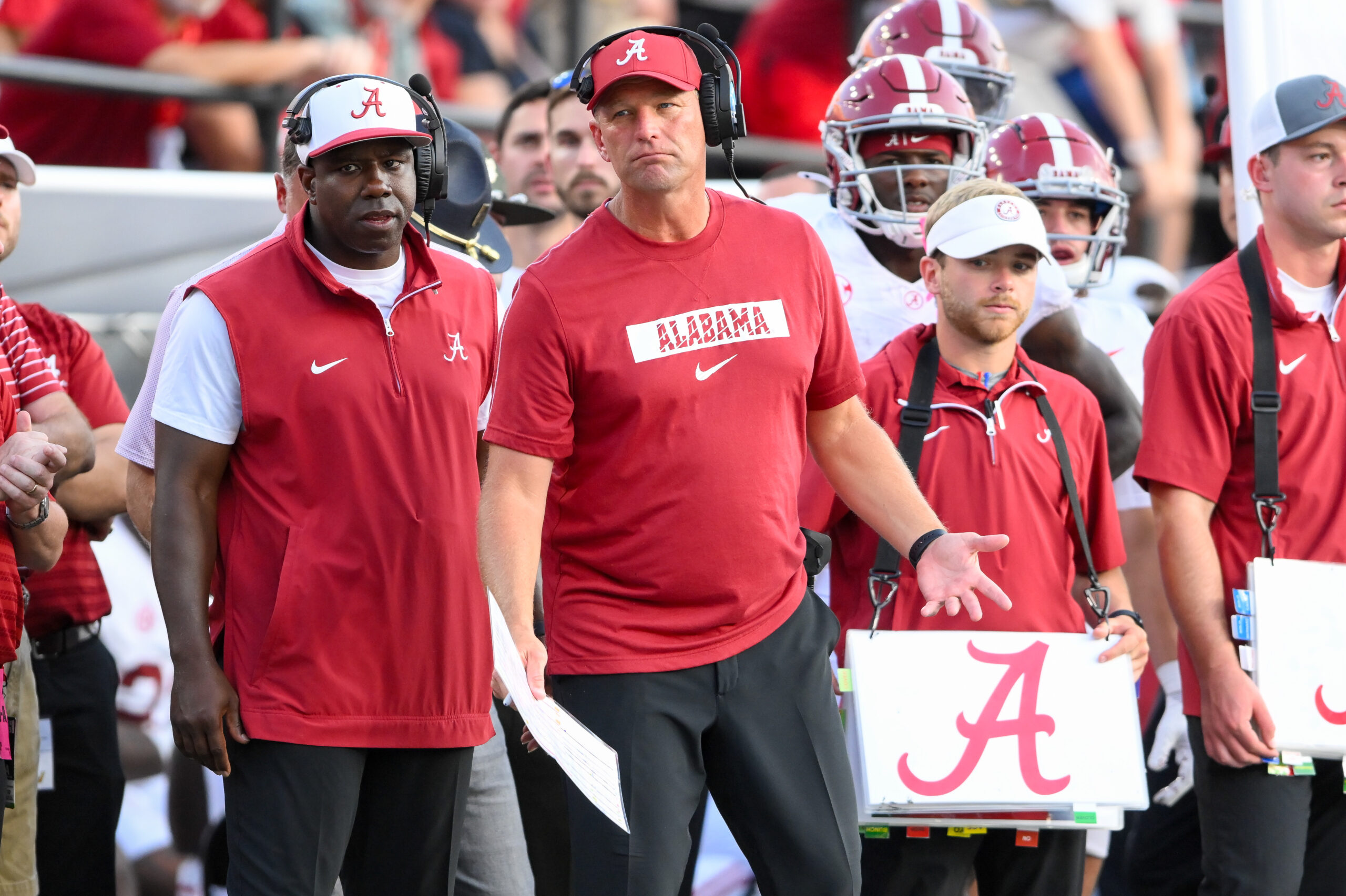 Oct 5, 2024; Nashville, Tennessee, USA; Alabama Crimson Tide head coach Kalen DeBoer gestures on the sidelines against the Vanderbilt Commodores during the second half at FirstBank Stadium.