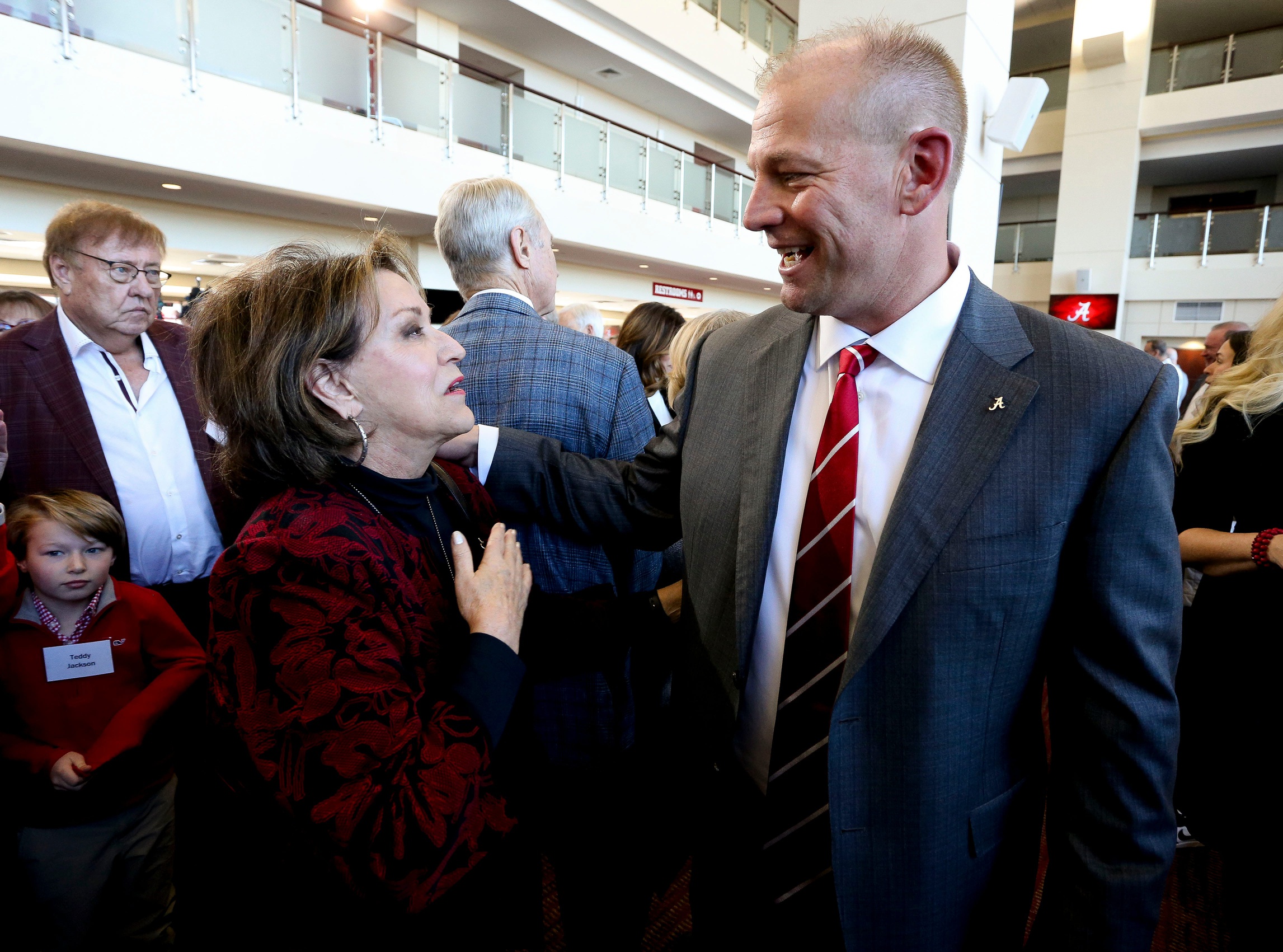 Jan 13, 2024; Tuscaloosa, AL, USA; The University of Alabama introduced new head football coach Kalen DeBoer with a press conference at Bryant-Denny Stadium. Terry Saban greets DeBoer after his introduction.