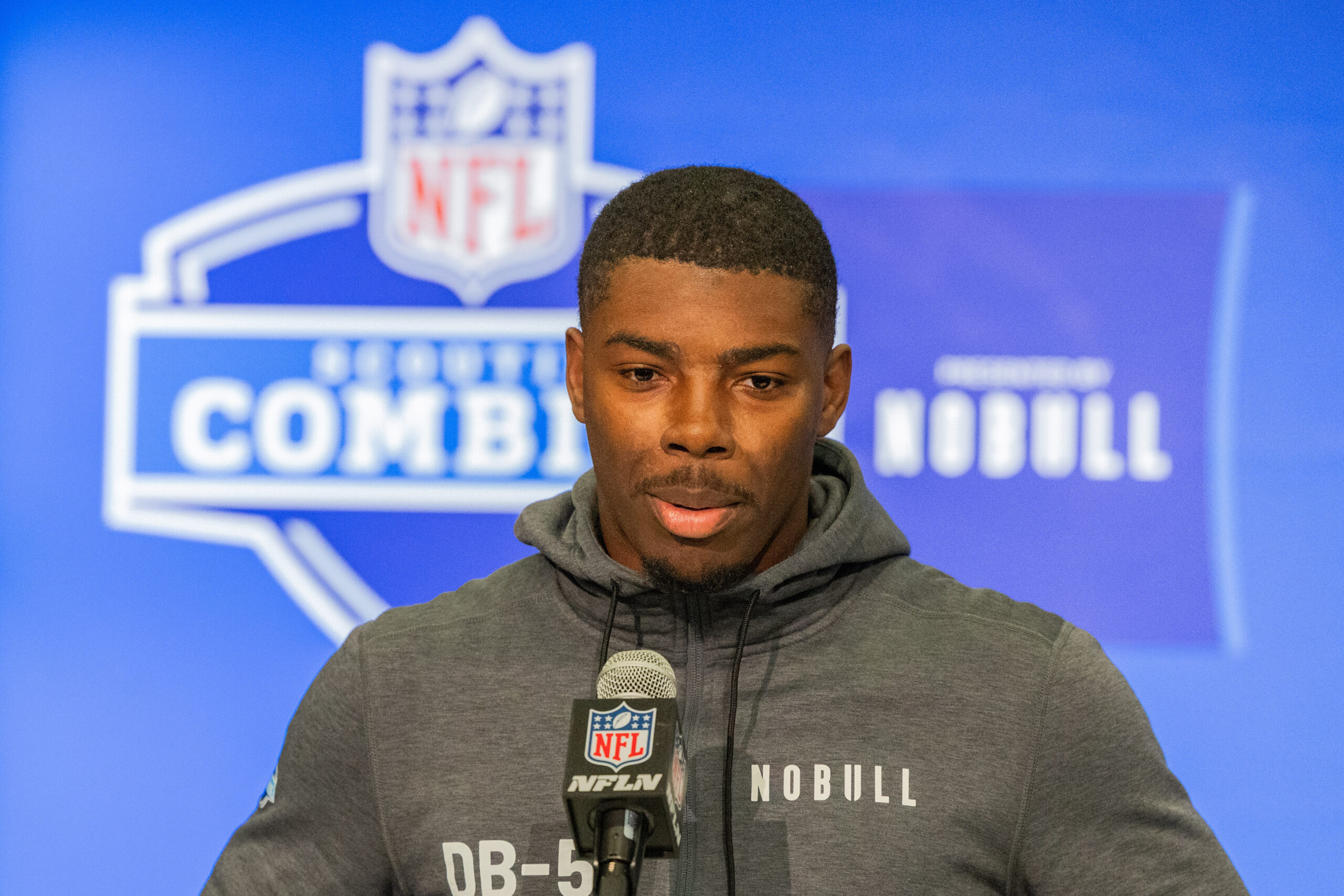 Feb 29, 2024; Indianapolis, IN, USA; Miami-Fl defensive back Kamren Kinchens (DB53) talks to the media during the 2024 NFL Combine at Lucas Oil Stadium.