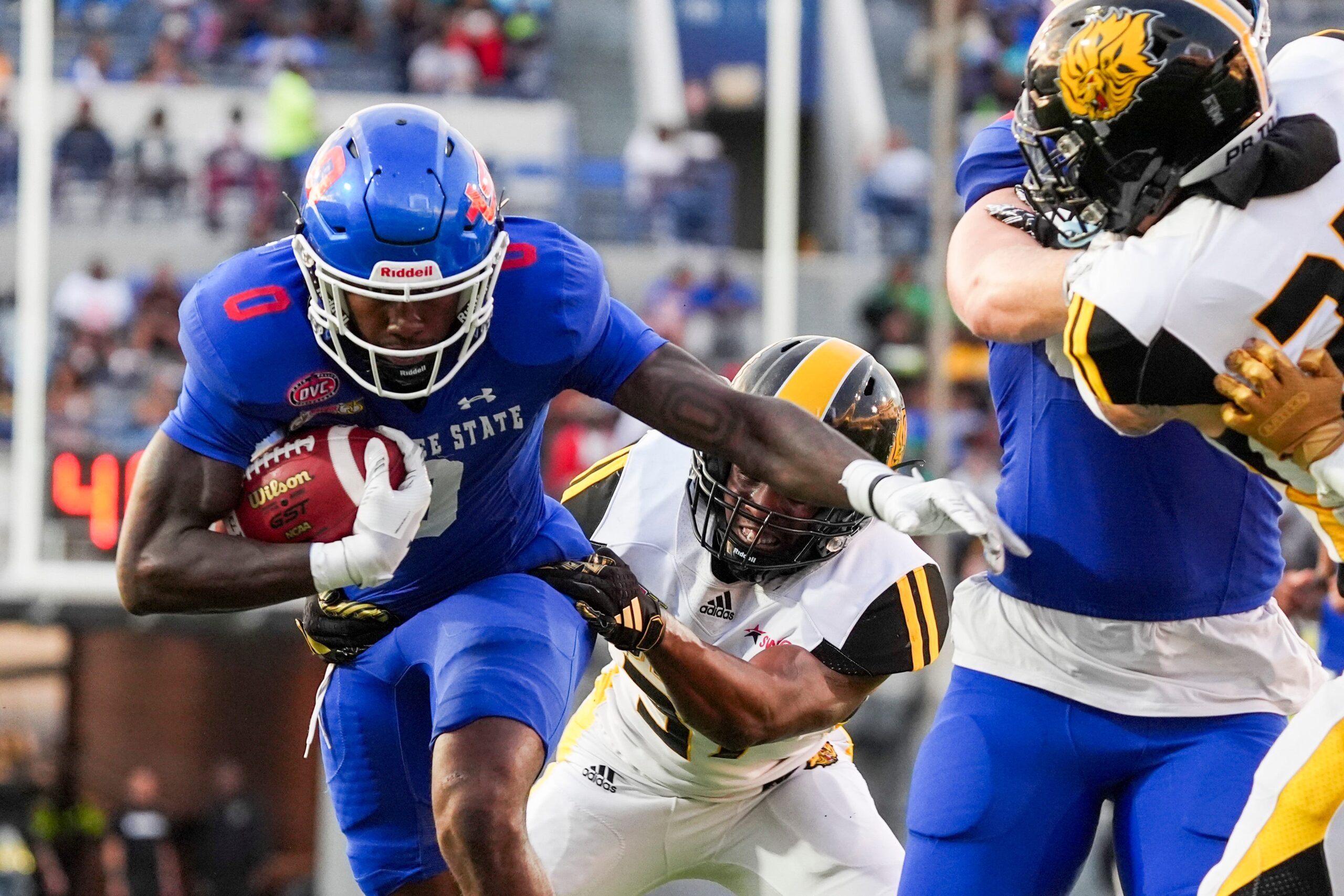 Tennessee State's Karate Brenson (0) runs with the ball during the Southern Heritage Classic game between Tennessee State University and University of Arkansas at Pine Bluff in Memphis, Tenn., on Saturday, September 14, 2024.