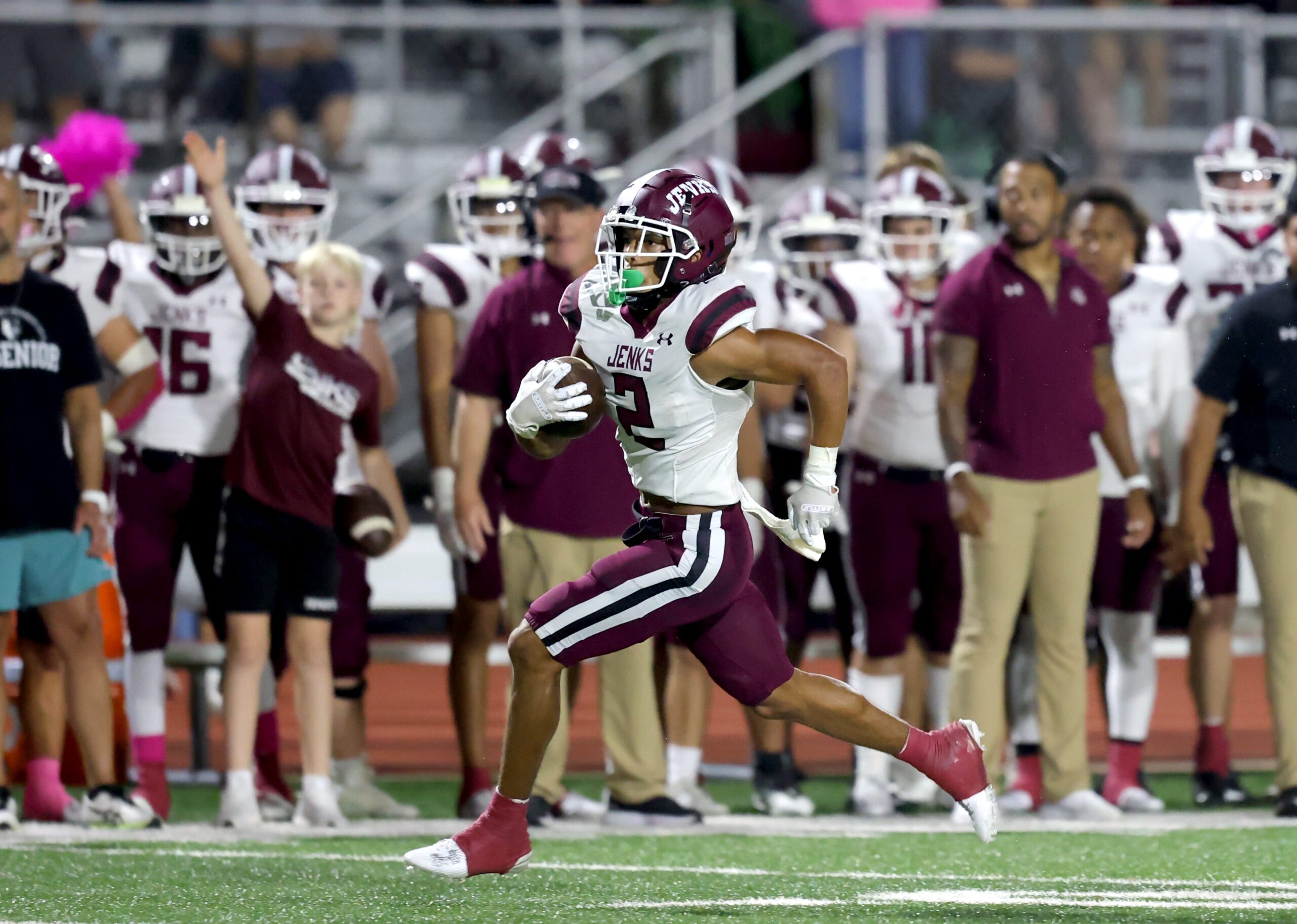 Jenks' Kaydin Jones runs for a touchdown during the high school football game between Norman North and Jenks at Harve Collins Field in Norman, Okla., Thursday, Oct. 5, 2023.