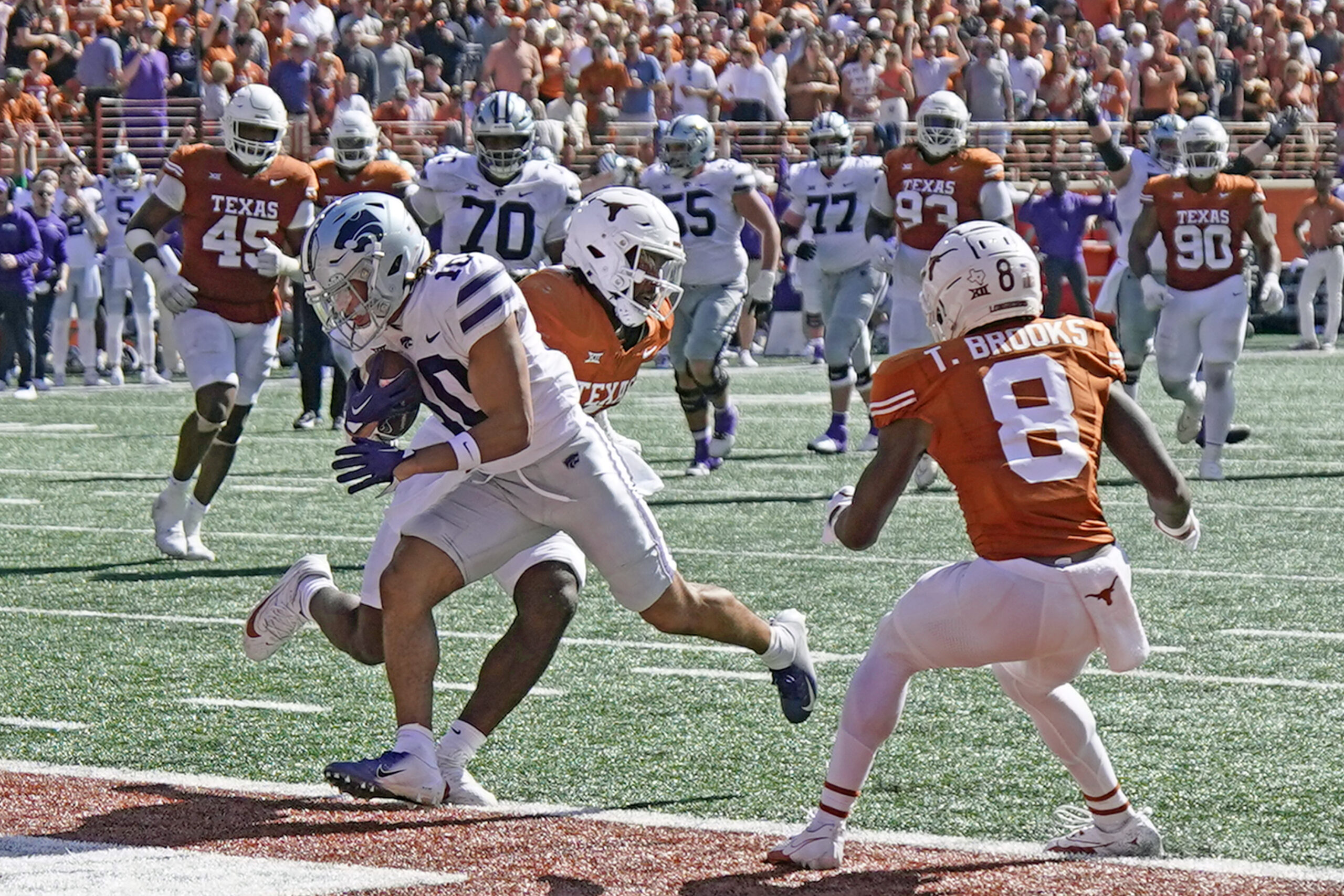 Nov 4, 2023; Austin, Texas, USA; Kansas State Wildcats wide receiver Keagan Johnson (10) runs in to the end zone for a touchdown during the second half against the Texas Longhorns at Darrell K Royal-Texas Memorial Stadium.