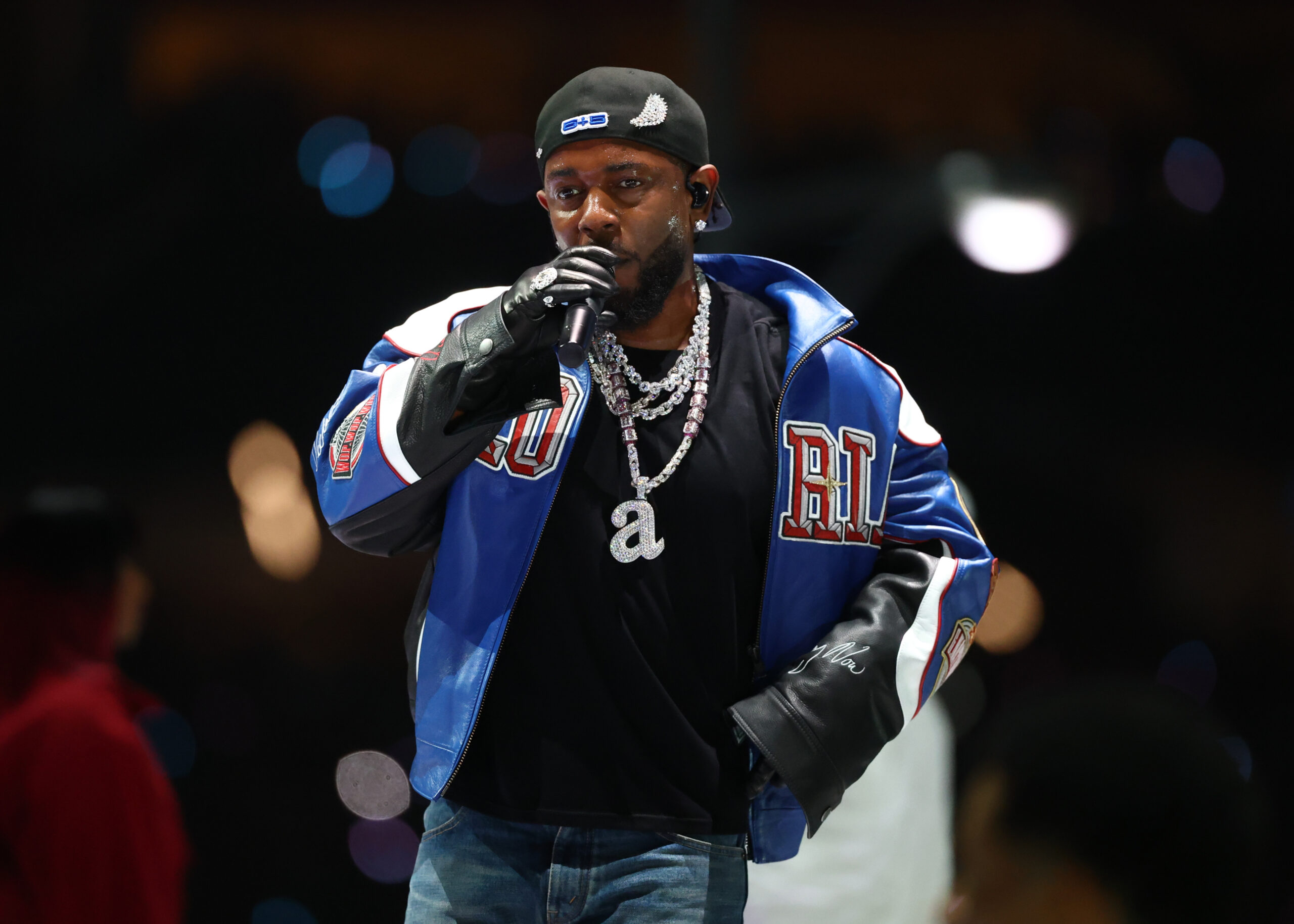Feb 9, 2025; New Orleans, LA, USA; Recording artist Kendrick Lamar performs during the halftime show of Super Bowl LIX between the Philadelphia Eagles and the Kansas City Chiefs at Ceasars Superdome.