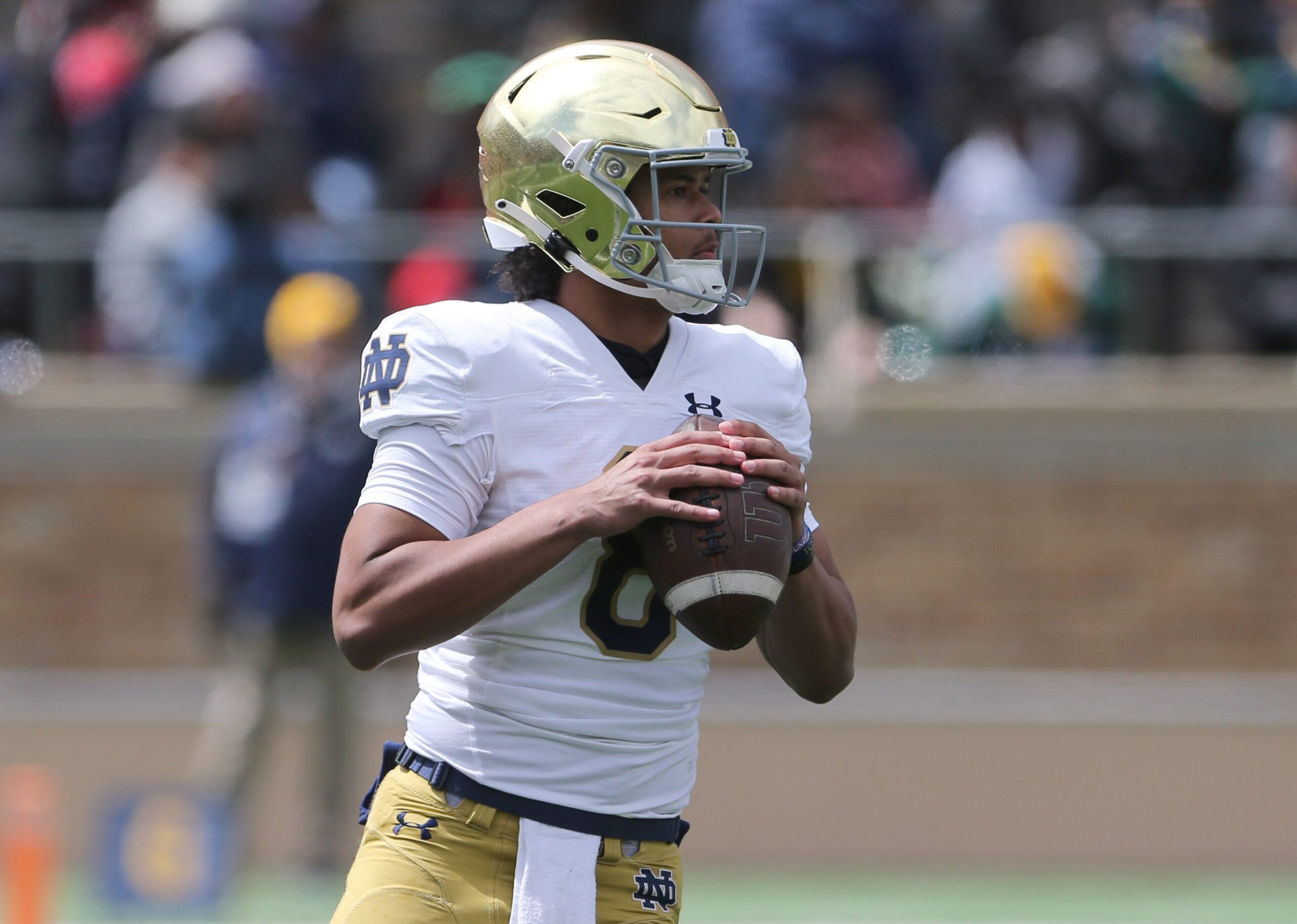 Notre Dame quarterback Kenny Minchey Saturday, April 20, 2024, at the annual Notre Dame Blue-Gold spring football game at Notre Dame Stadium in South Bend.