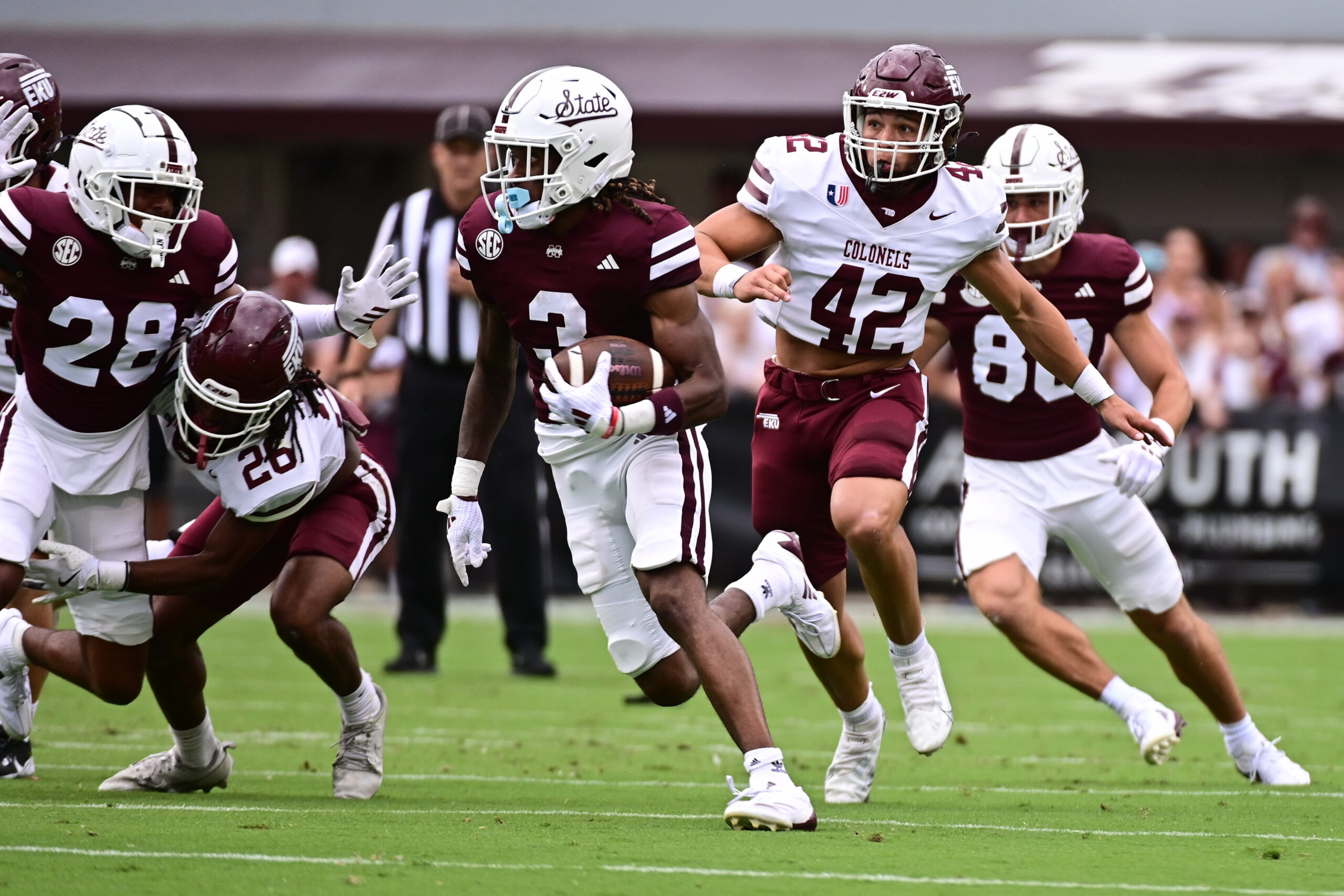 Aug 31, 2024; Starkville, Mississippi, USA; Mississippi State Bulldogs wide receiver Kevin Coleman (3) runs the ball against the Eastern Kentucky Colonels during the first quarter at Davis Wade Stadium at Scott Field. 