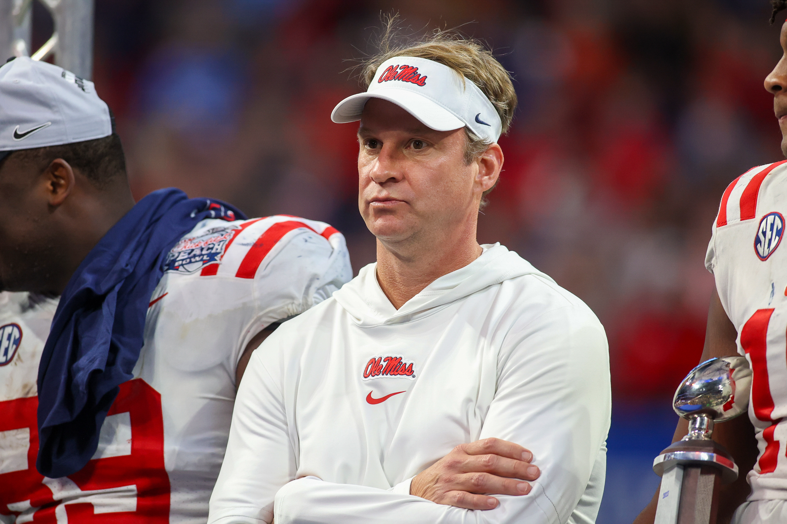 Dec 30, 2023; Atlanta, GA, USA; Mississippi Rebels head coach Lane Kiffin after a victory against the Penn State Nittany Lions at Mercedes-Benz Stadium. Mandatory Credit: Brett Davis-USA TODAY Sports