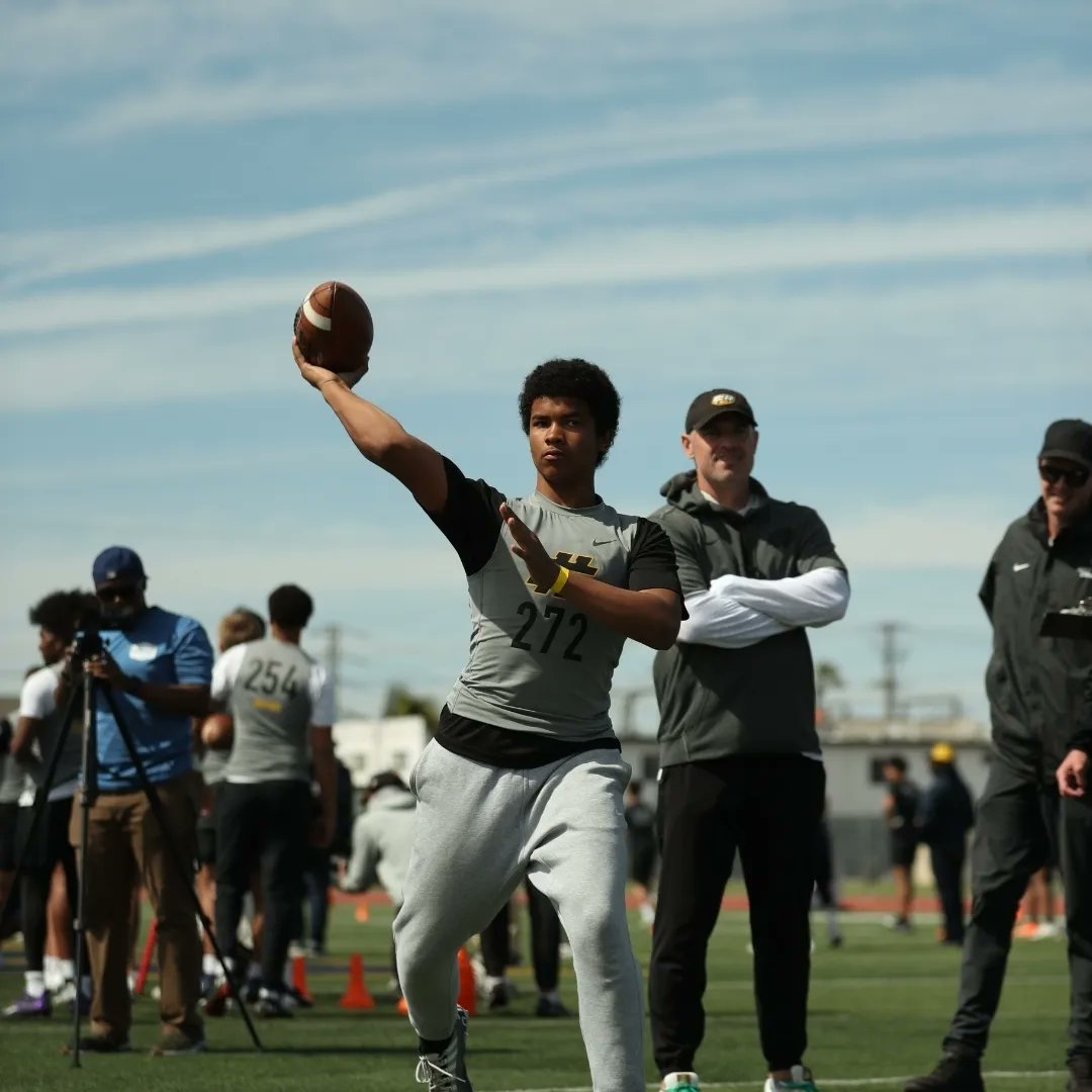 2025 MFS Staff 2-Star QB Kingston Tisdell from Birmingham (Van Nyus), CA throwing during an Elite 11 regional camp