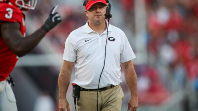 Georgia coach Kirby Smart on the sideline during the first half of a NCAA college football game against Missouri in Athens