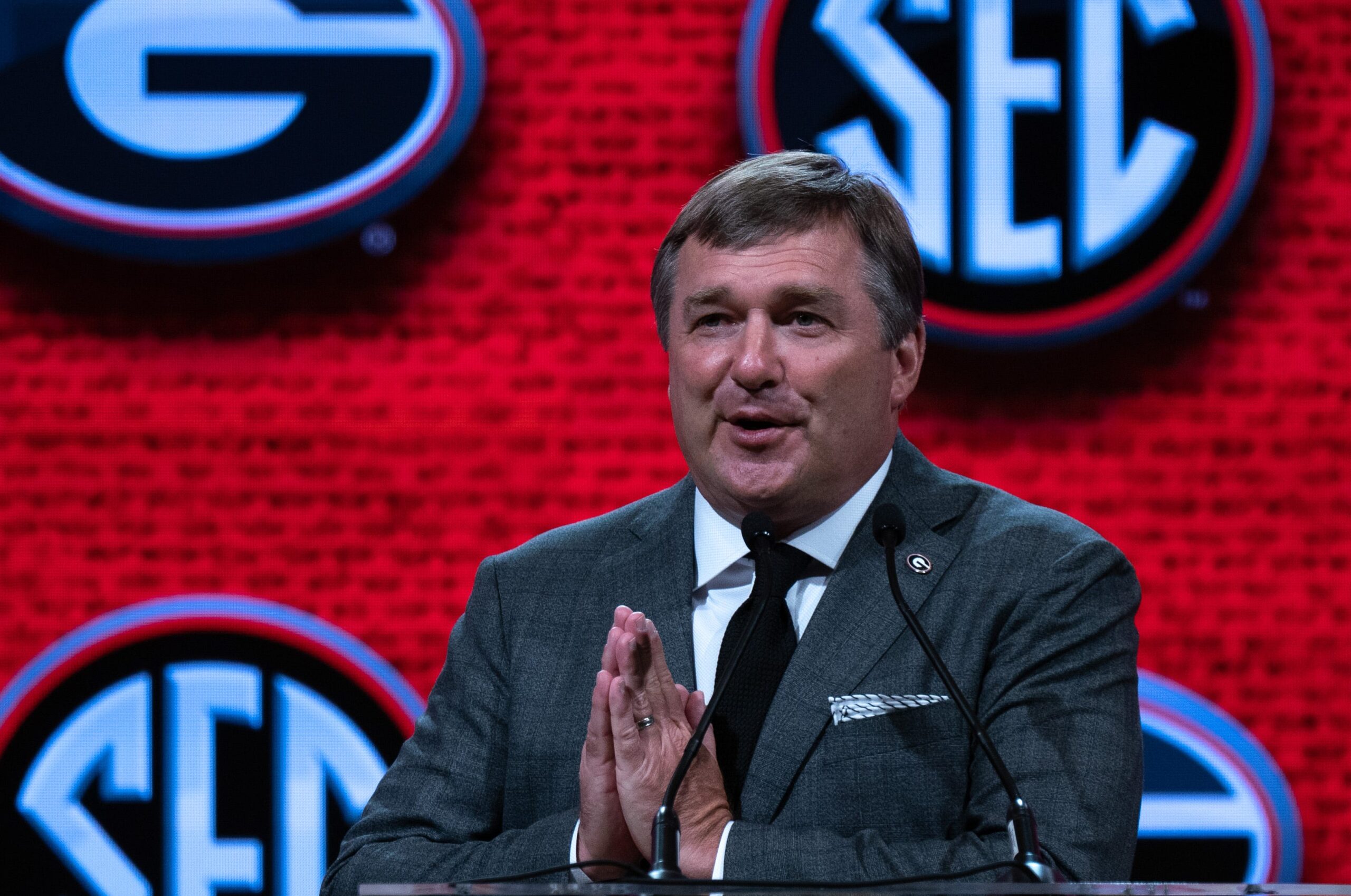 Georgia Head Coach Kirby Smart speaks at the 2023 SEC Football Kickoff Media Days at the Nashville Grand Hyatt on Broadway, Tuesday, July 18, 2023.