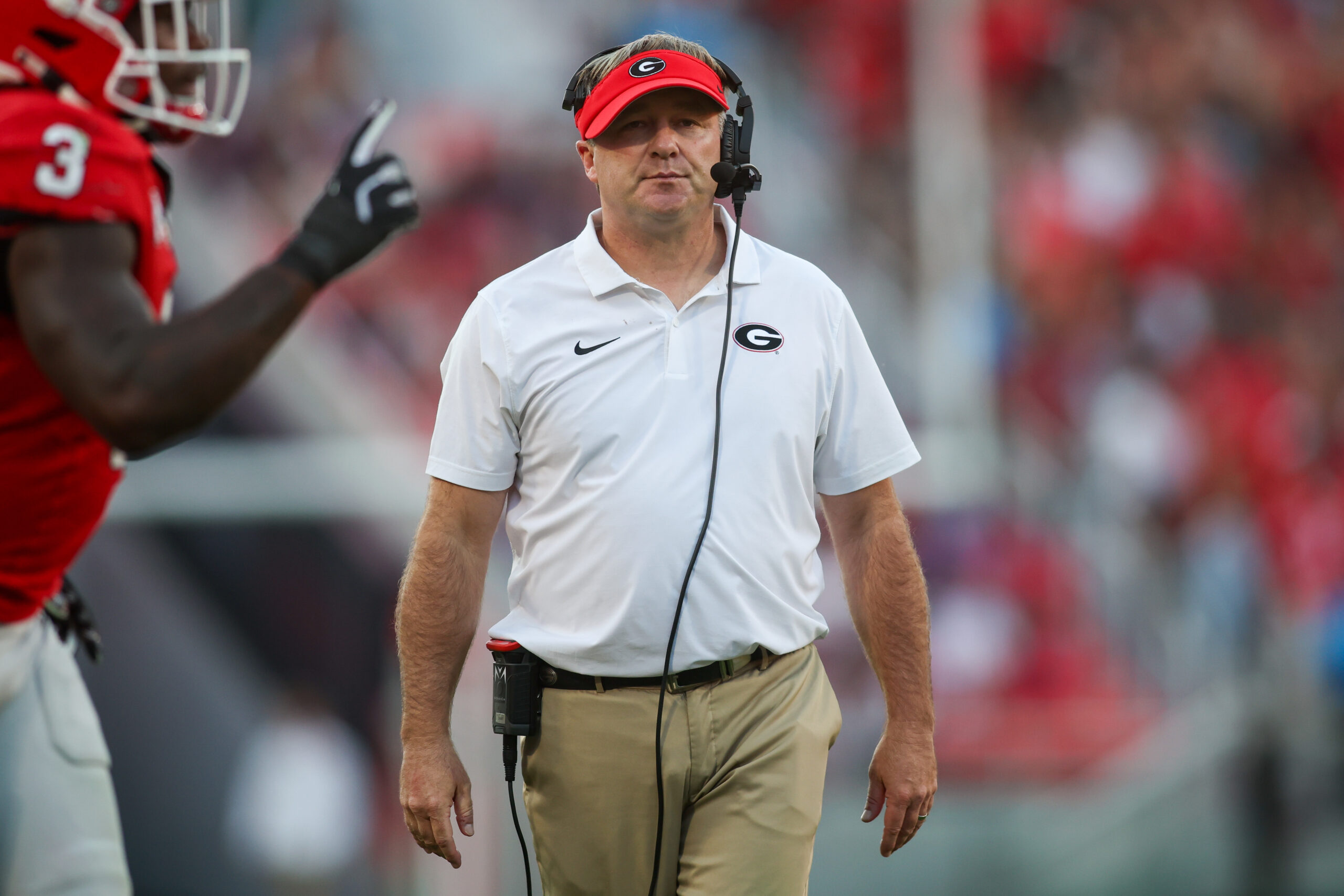 Oct 12, 2024; Athens, Georgia, USA; Georgia Bulldogs head coach Kirby Smart on the sideline against the Mississippi State Bulldogs in the third quarter at Sanford Stadium. 