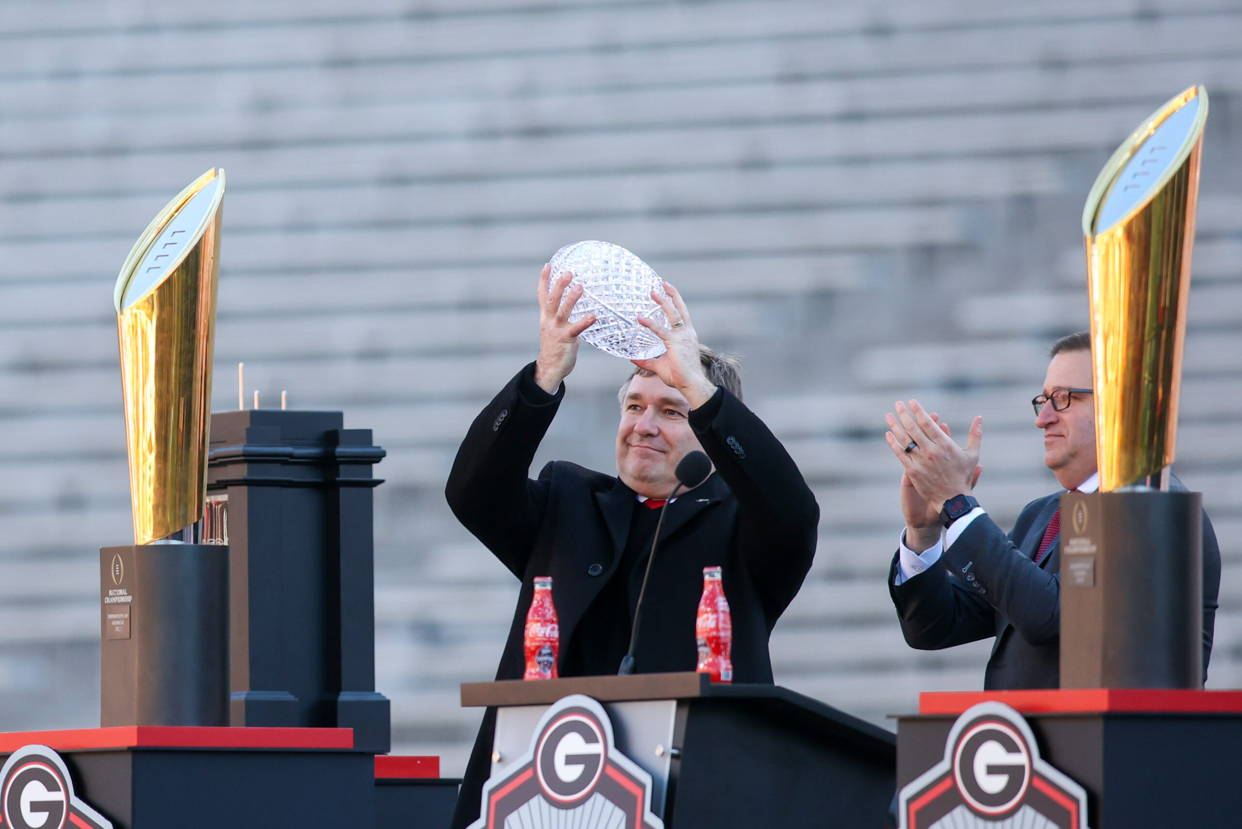Jan. 14, 2023 - Kirby Smart holds up the Crystal Ball at Georgia's Championship parade following their second national title in a row. They defeated TCU 65-7.