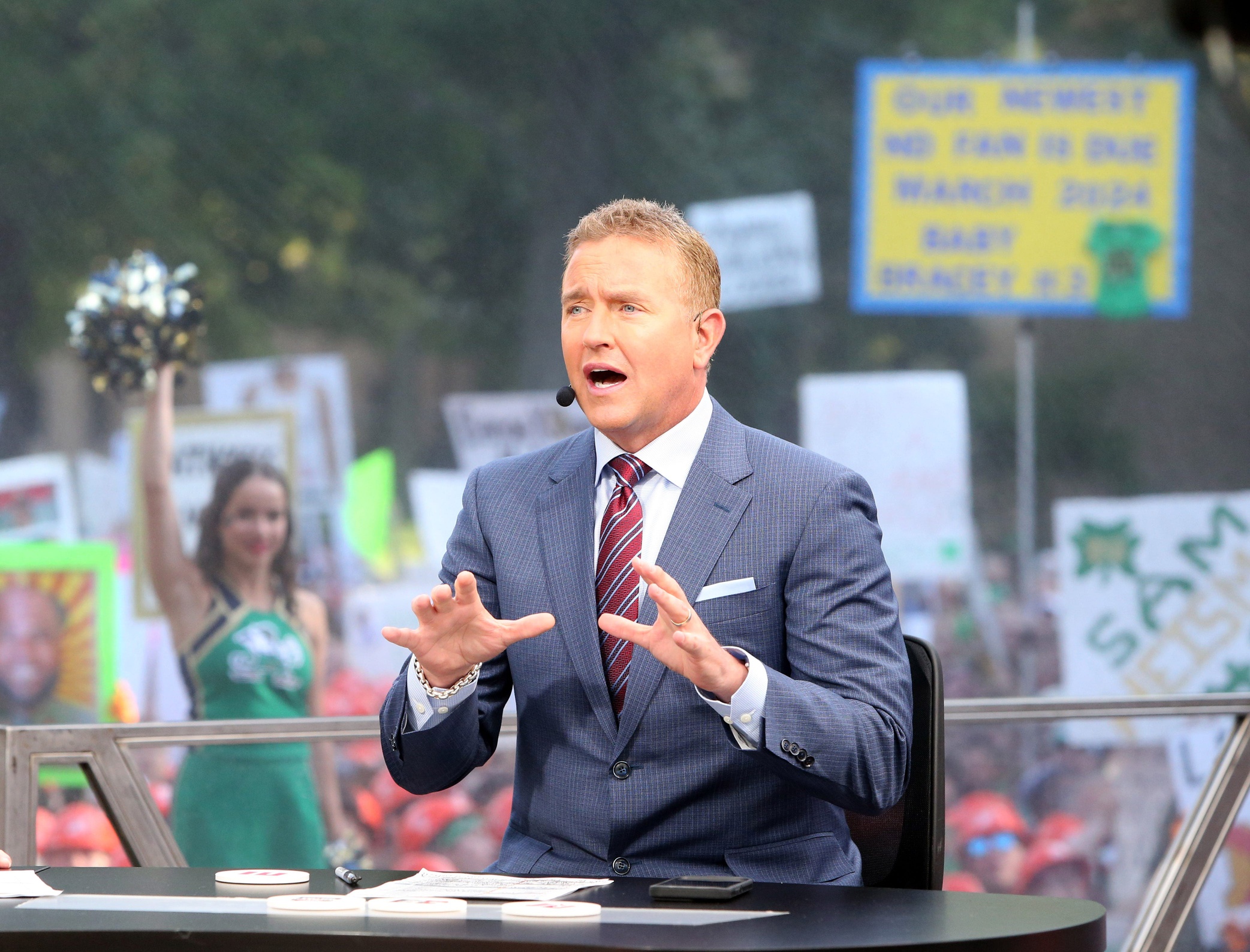 Host Kirk Herbstreit makes a point during the ESPN College GameDay show on Saturday, Sept. 23, 2023, on the Hesburgh Library lawn on the University of Notre Dame campus in South Bend. The show was to highlight the Notre Dame-Ohio State game.