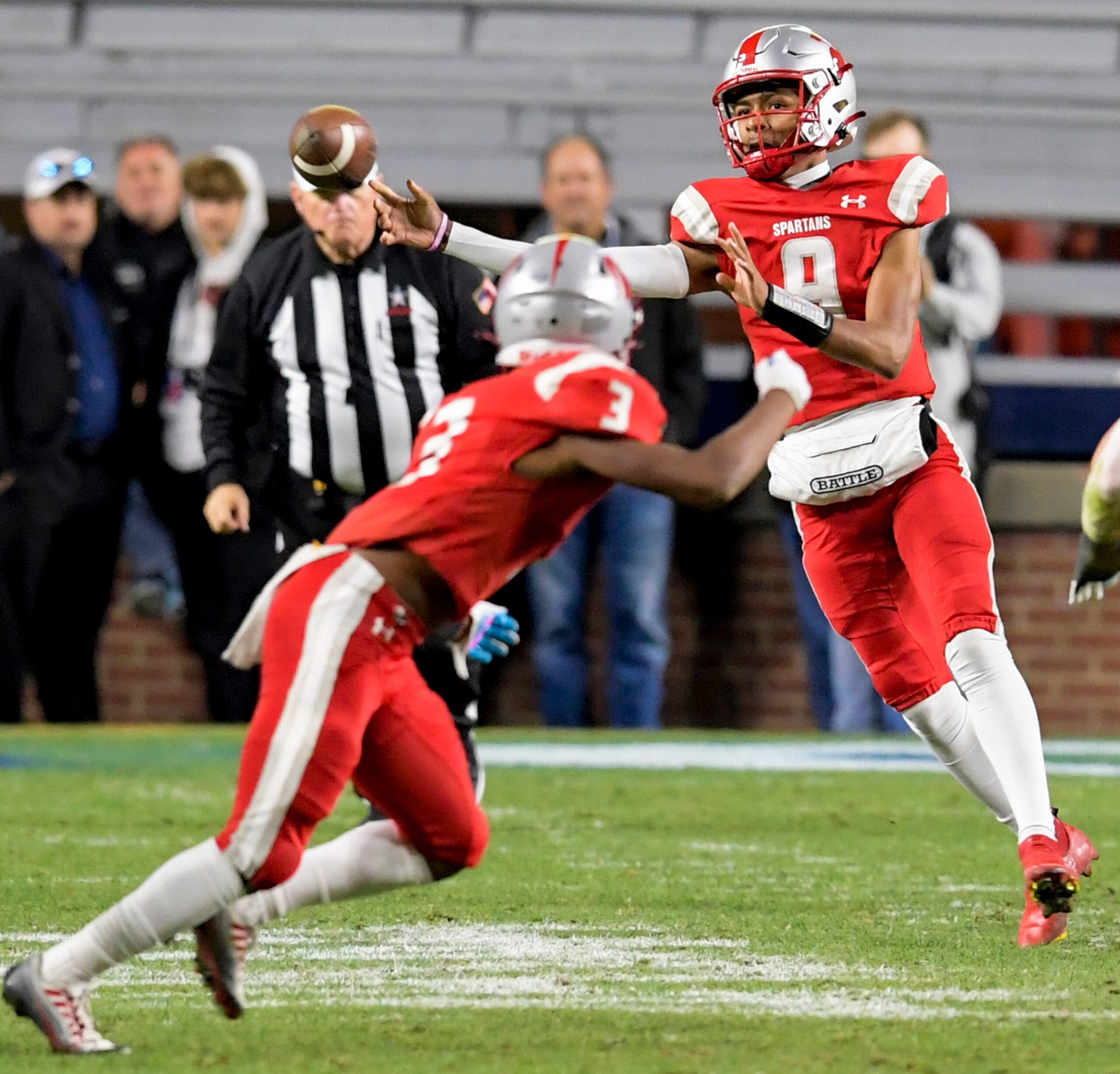 Saraland's KJ Lacey passes against Mountain Brook during the AHSAA Class 6A State Football Championship Game at Jordan Hare Stadium in Auburn, Ala., on Friday December 2, 2022.