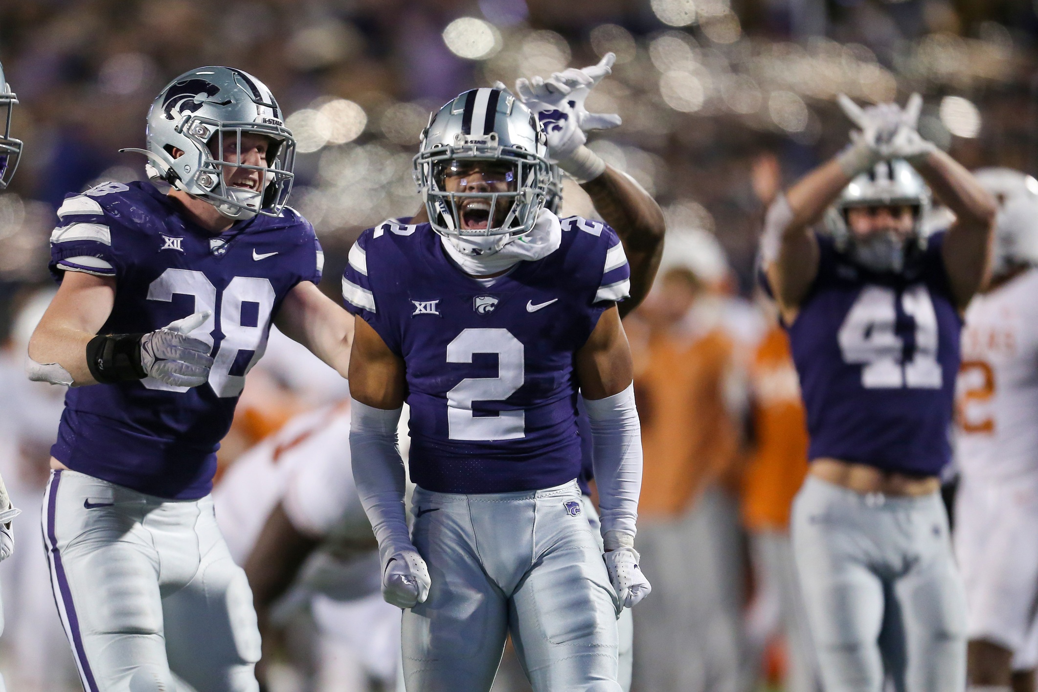 Nov 5, 2022; Manhattan, Kansas, USA; Kansas State Wildcats safety Kobe Savage (2) celebrates a defensive play during the fourth quarter against the Texas Longhorns at Bill Snyder Family Football Stadium.