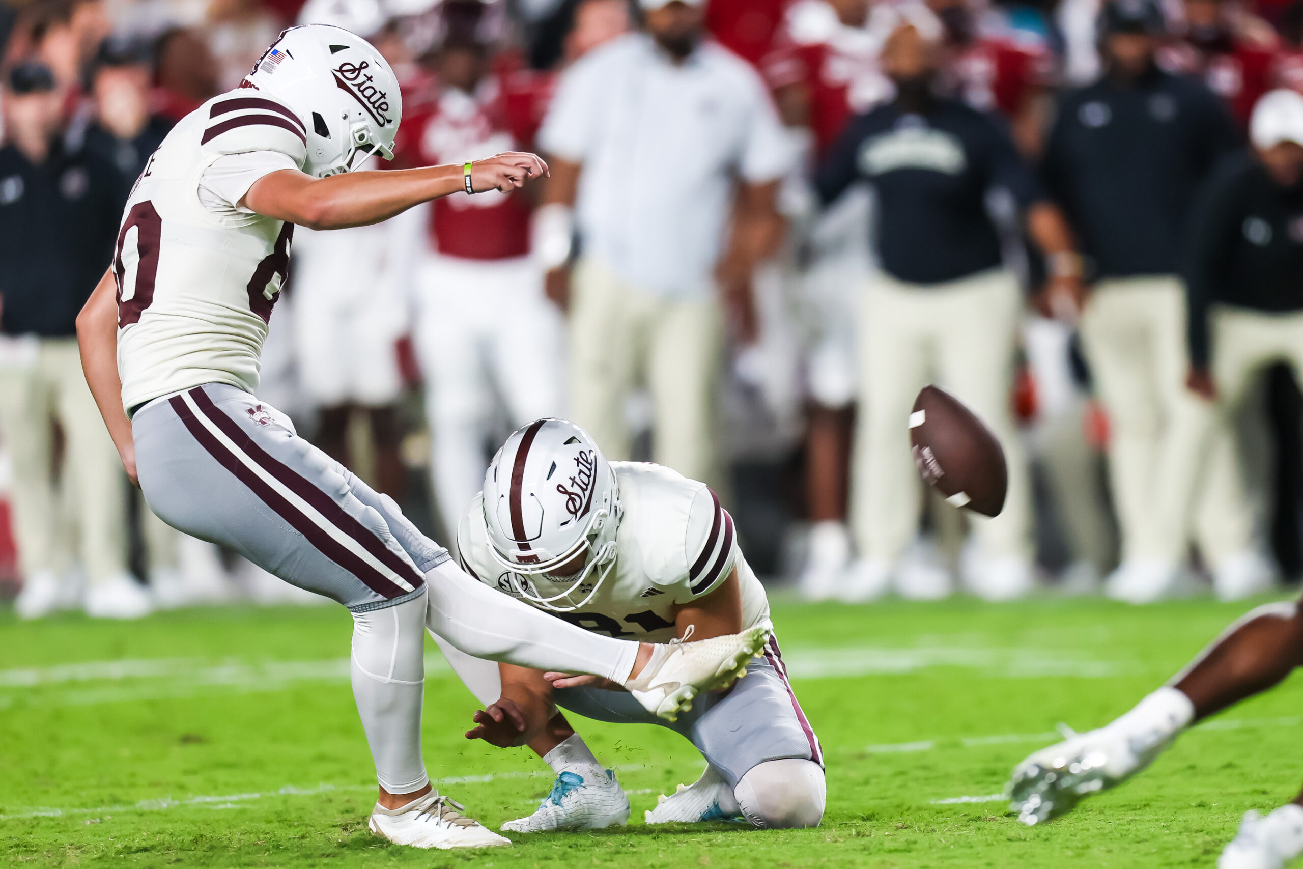 Sep 23, 2023; Columbia, South Carolina, USA; Mississippi State Bulldogs place kicker Kyle Ferrie (80) kicks a field goal against the South Carolina Gamecocks in the second half at Williams-Brice Stadium.