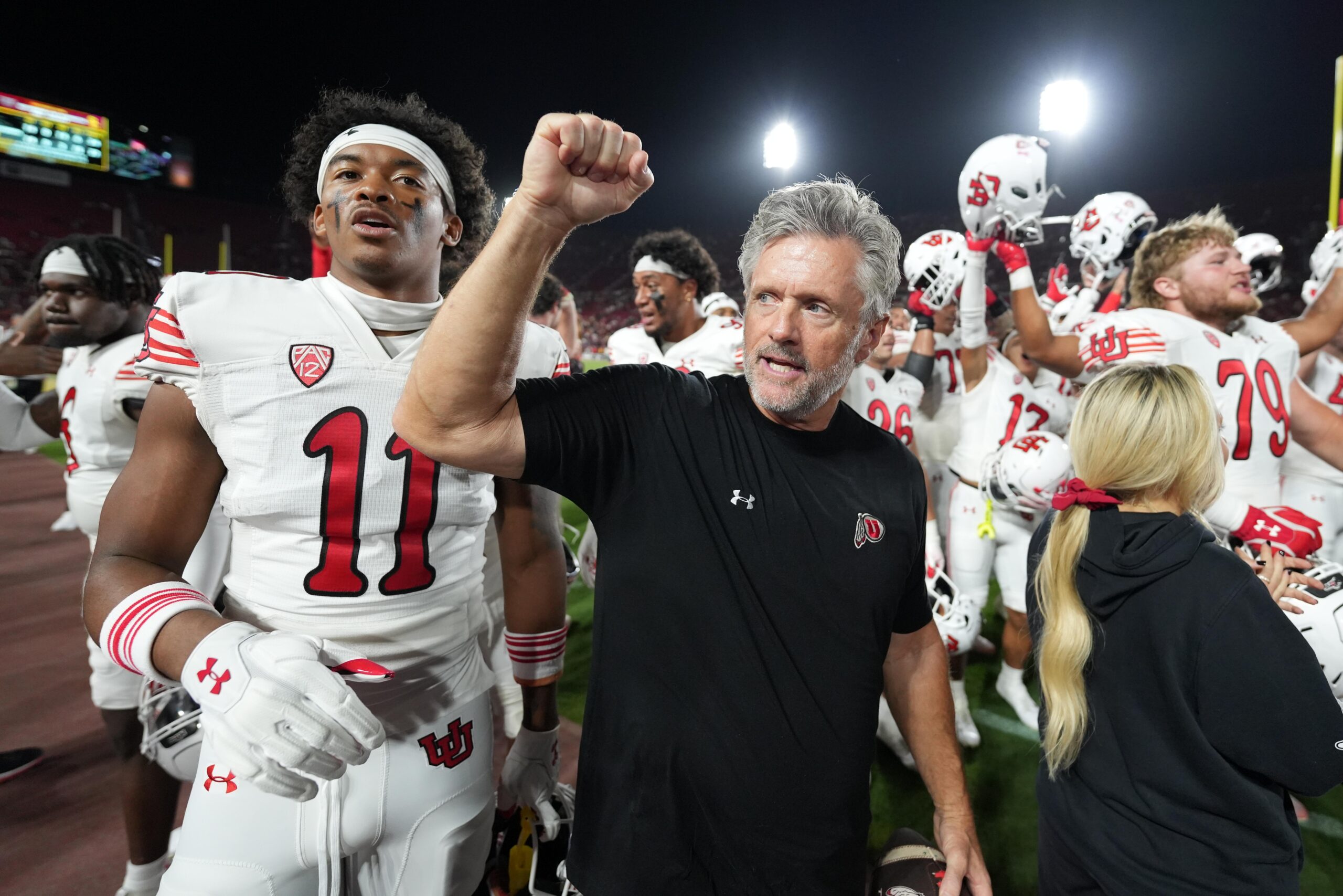Oct 21, 2023; Los Angeles, California, USA; Utah Utes head coach Kyle Whittingham celebrates after the game against the Southern California Trojans at United Airlines Field at Los Angeles Memorial Coliseum.